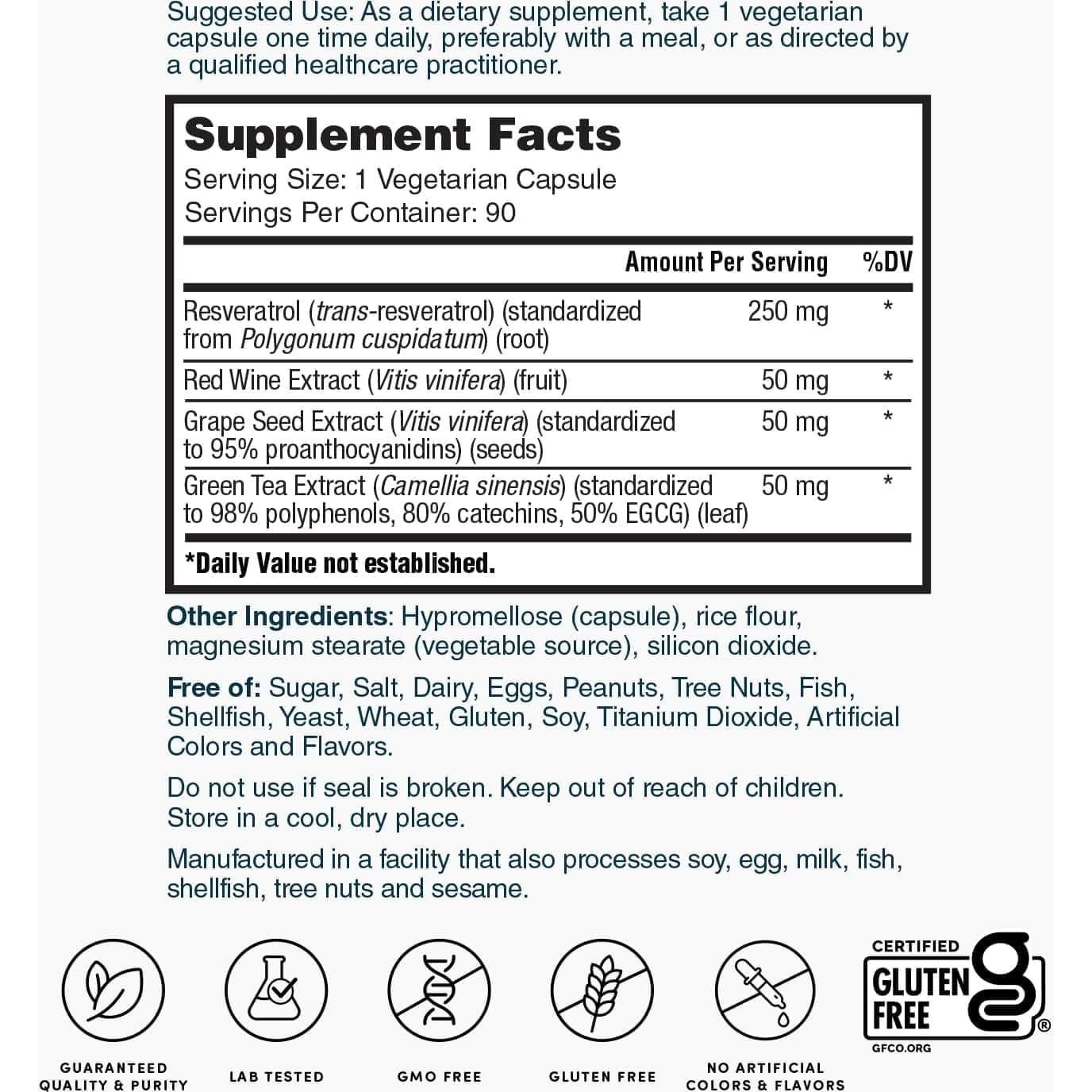 Resveratrol Ultra Nature's Lab 250mg - Antioxidante Vegano 90 Cápsulas