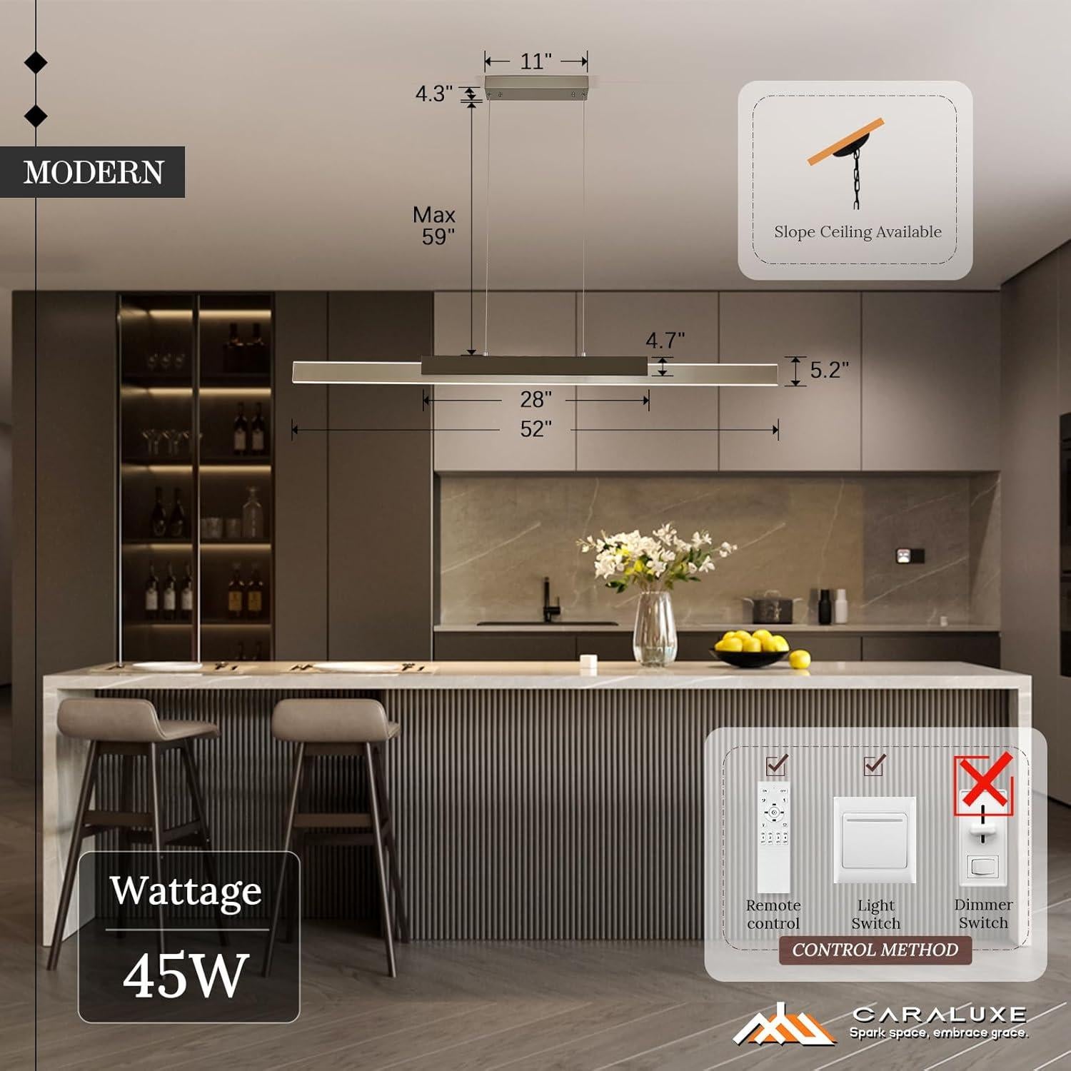 Lámpara Colgante LED Regulable Caraluxe 132 cm Níquel Madera Gris