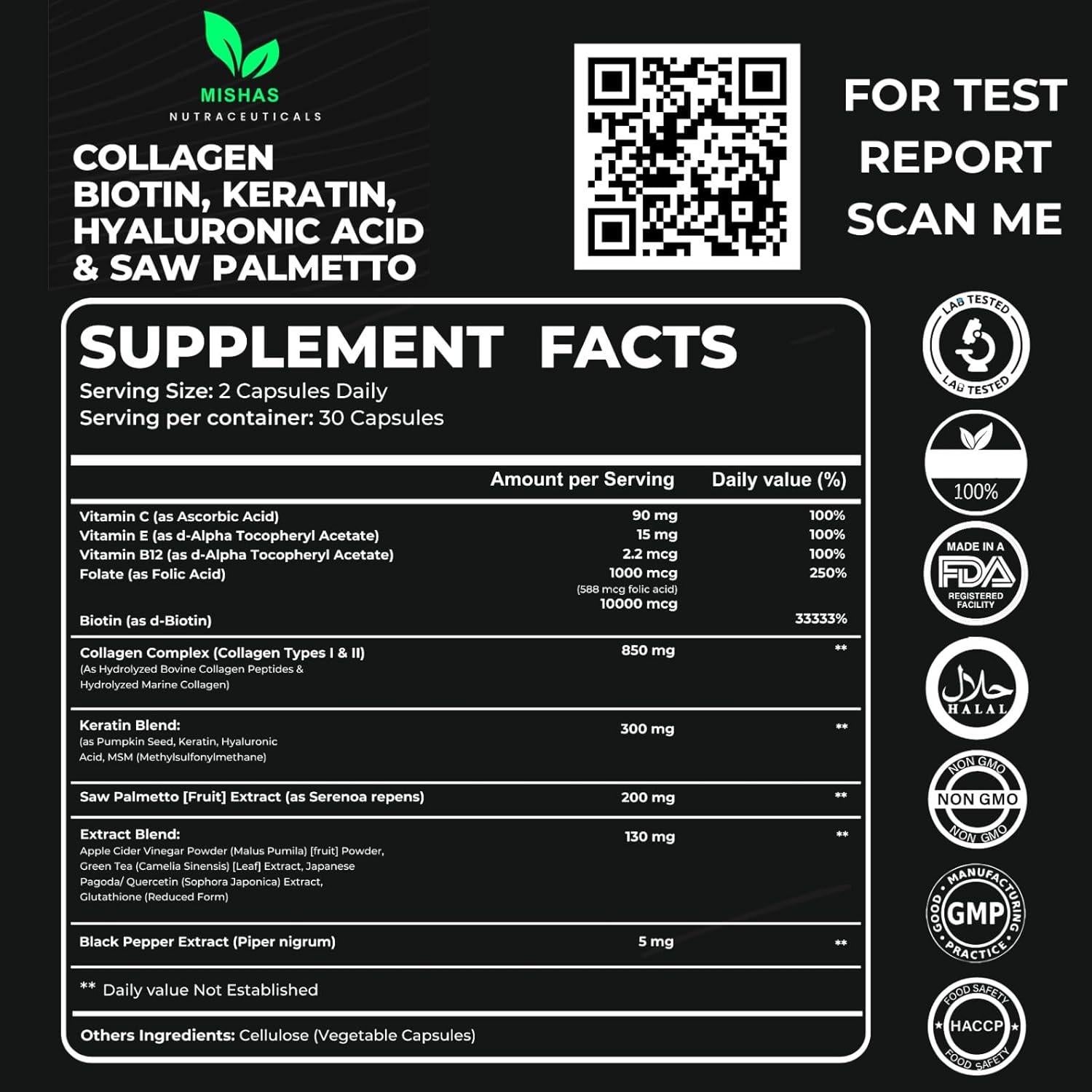 Píldoras de Multi Colágeno Mishas 60 Cápsulas Veganas - Biotina, Queratina y Ácido Hialurónico