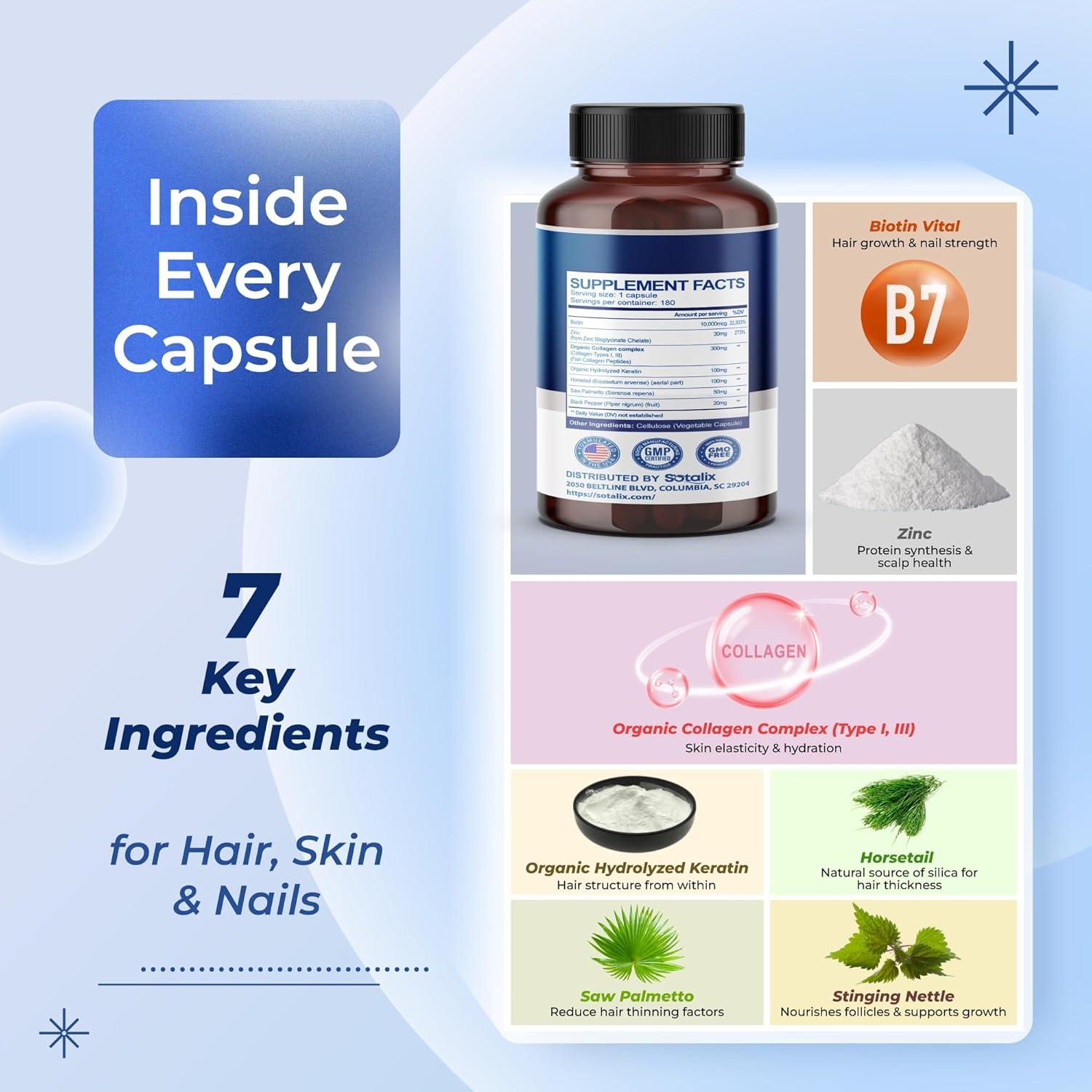 Suplemento de Biotina Sotalix 180 Cápsulas - Cabello, Piel y Uñas Saludables