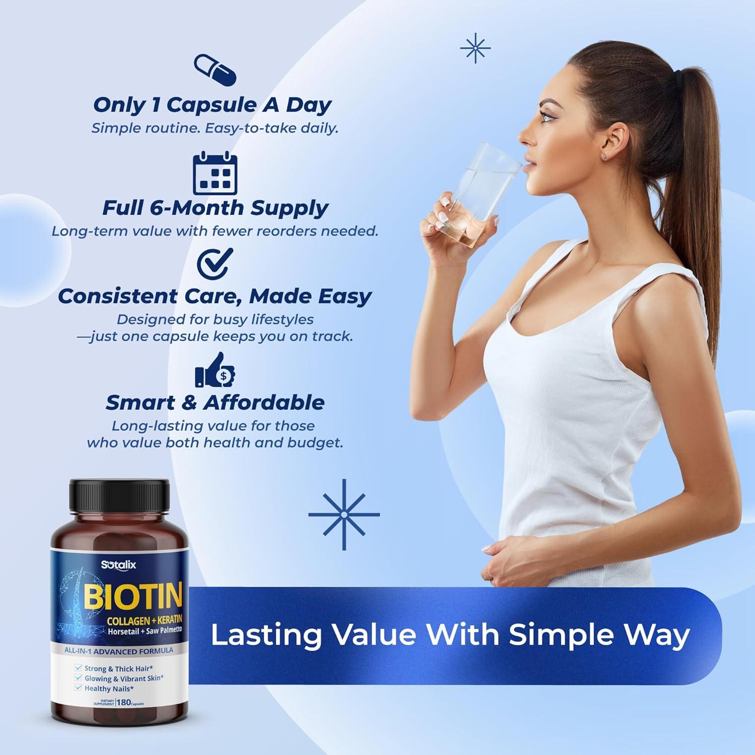 Suplemento de Biotina Sotalix 180 Cápsulas - Cabello, Piel y Uñas Saludables