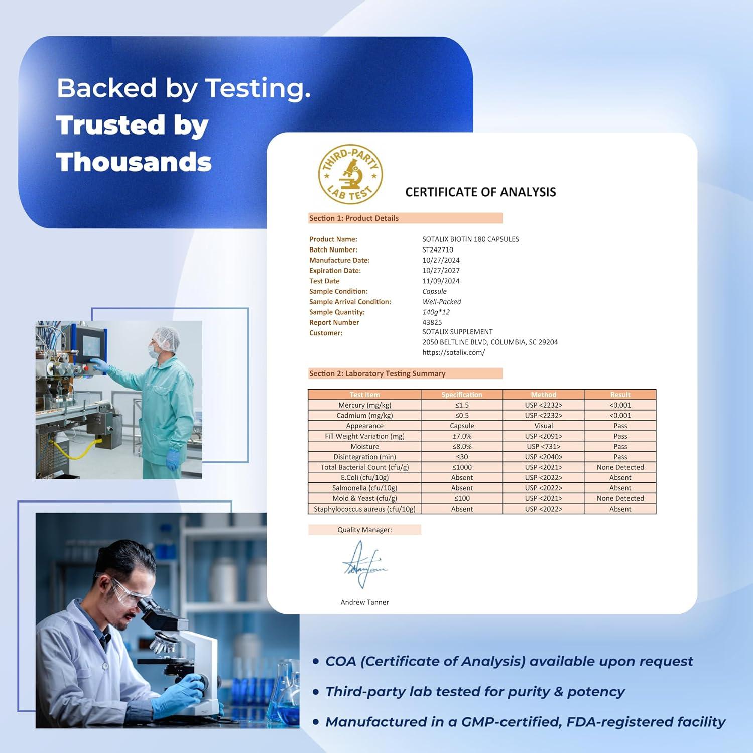Suplemento de Biotina Sotalix 180 Cápsulas - Cabello, Piel y Uñas Saludables