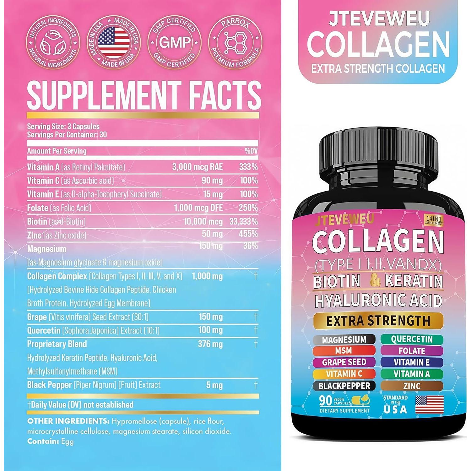 Suplemento de colágeno 14 en 1 JTEVEweu - 90 cápsulas