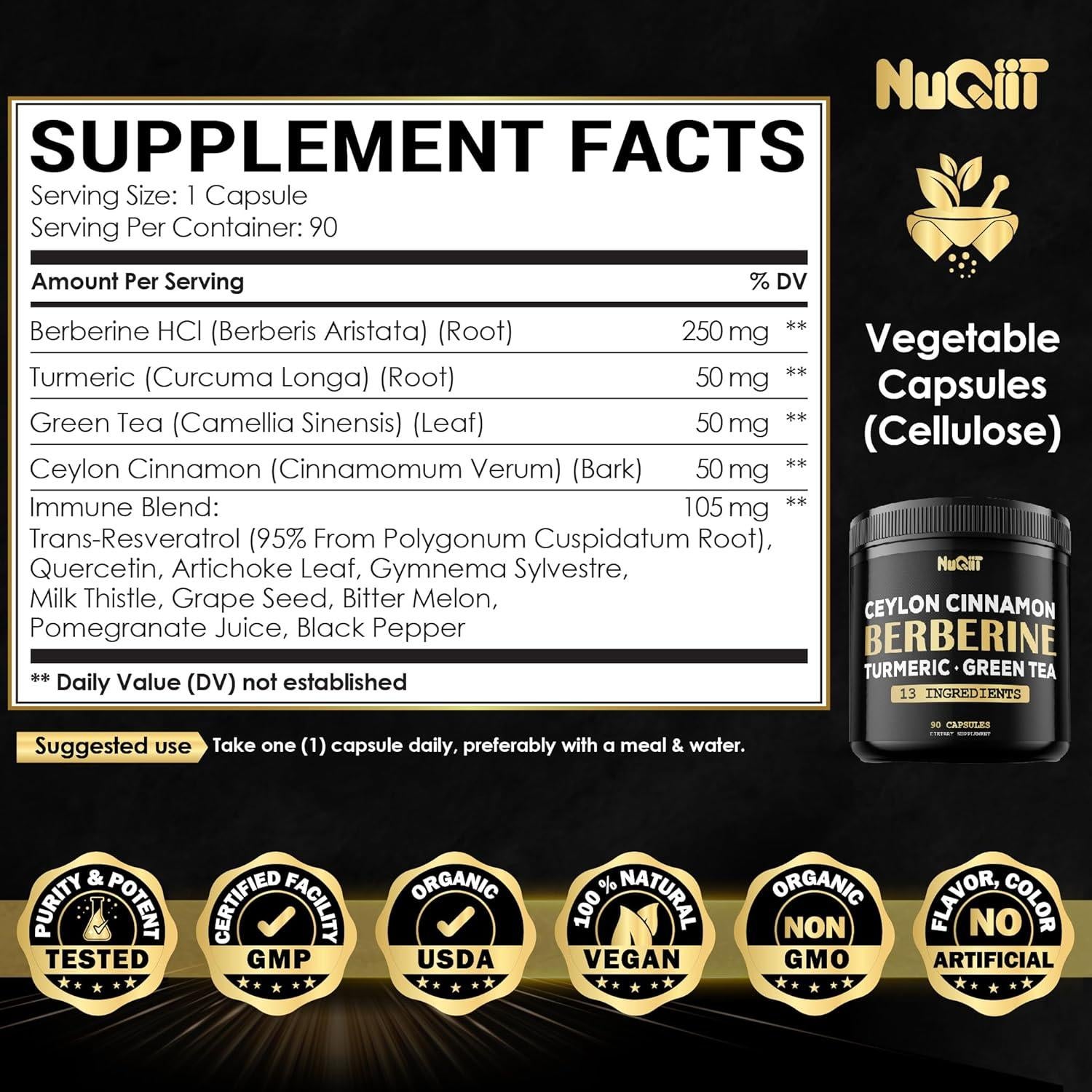 Suplemento de Berberina NUQIIT con Cúrcuma y Té Verde - 90 Cápsulas