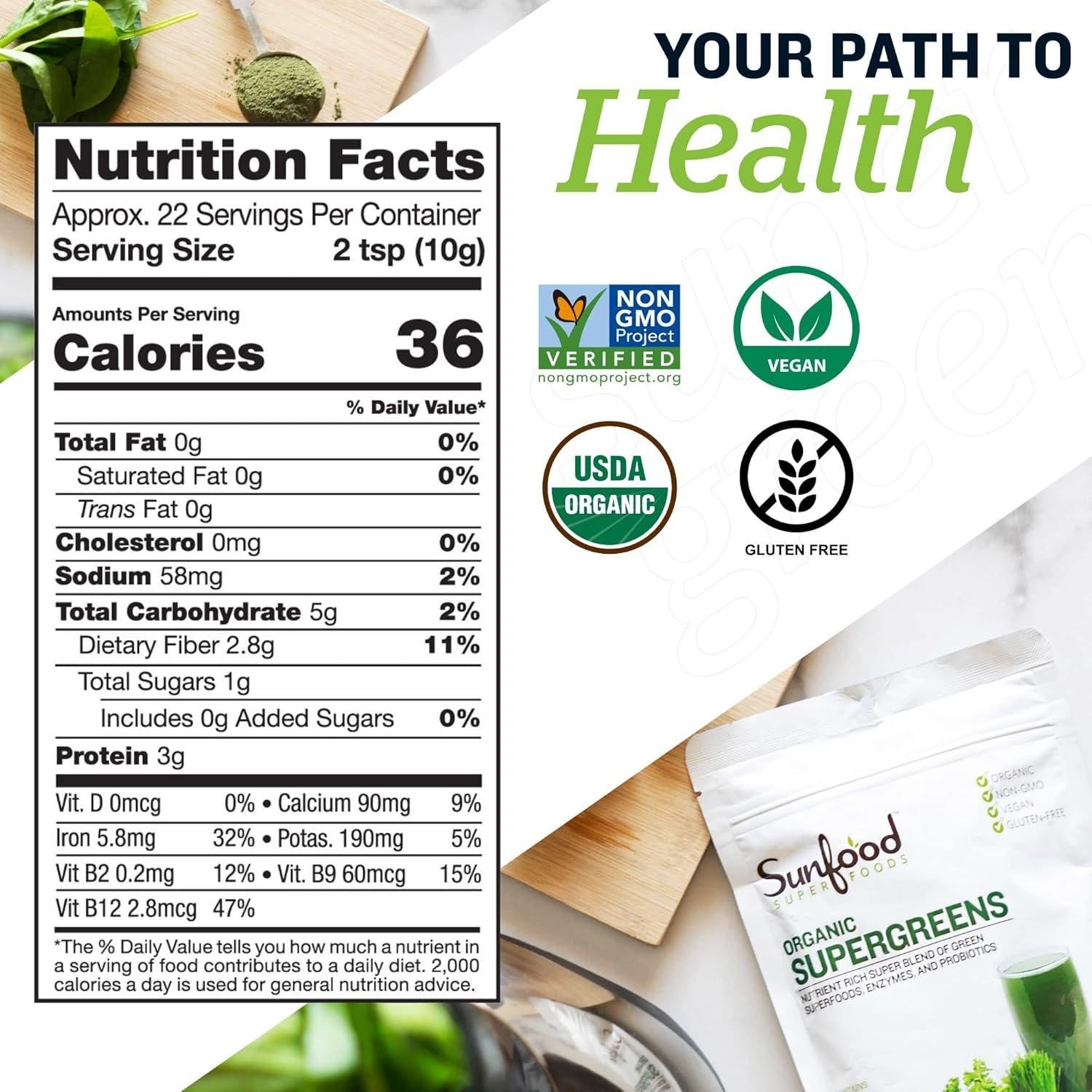 Polvo de Superalimento Verde Sunfood Supergreens 227 g