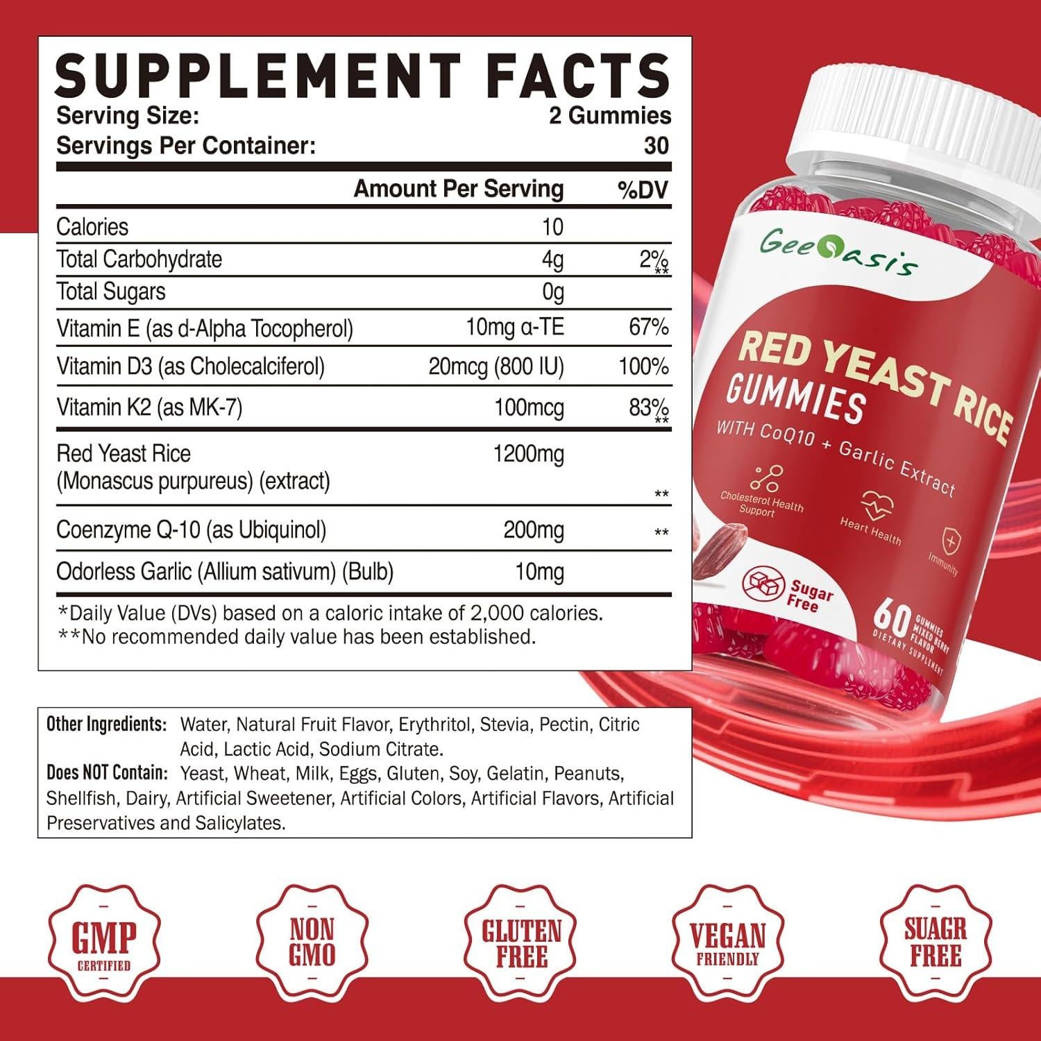 Gomas de Arroz de Levadura Roja Geeoasis 60 Ct - Sin Azúcar