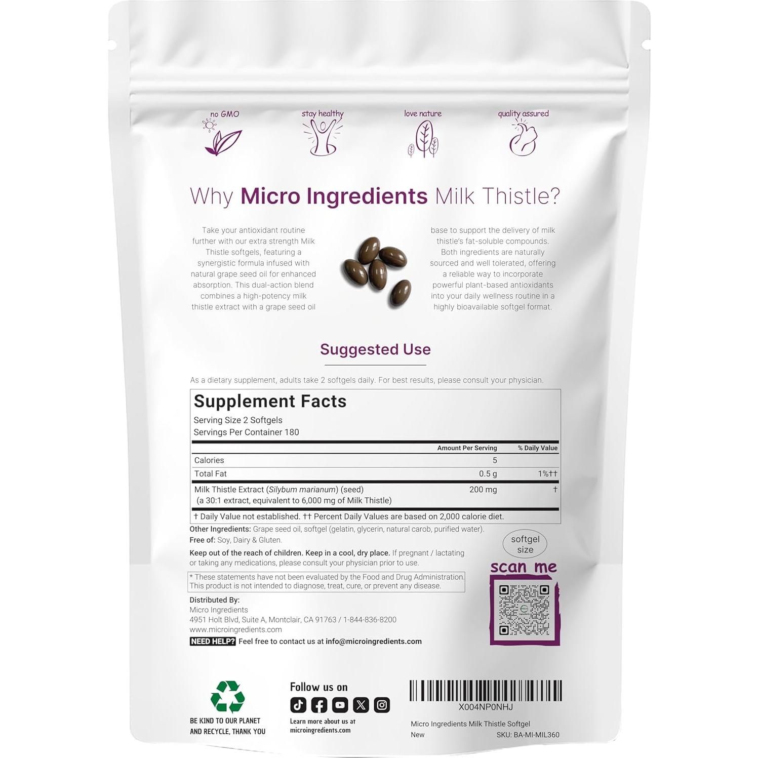 Suplemento de Cardo Mariano Micro Ingredients 6000mg 360 Softgels