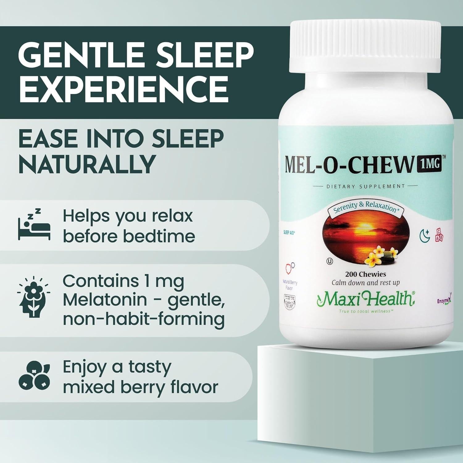 Maxi Health Melatonina Masticable 1mg - 200 Tabletas para Sueño