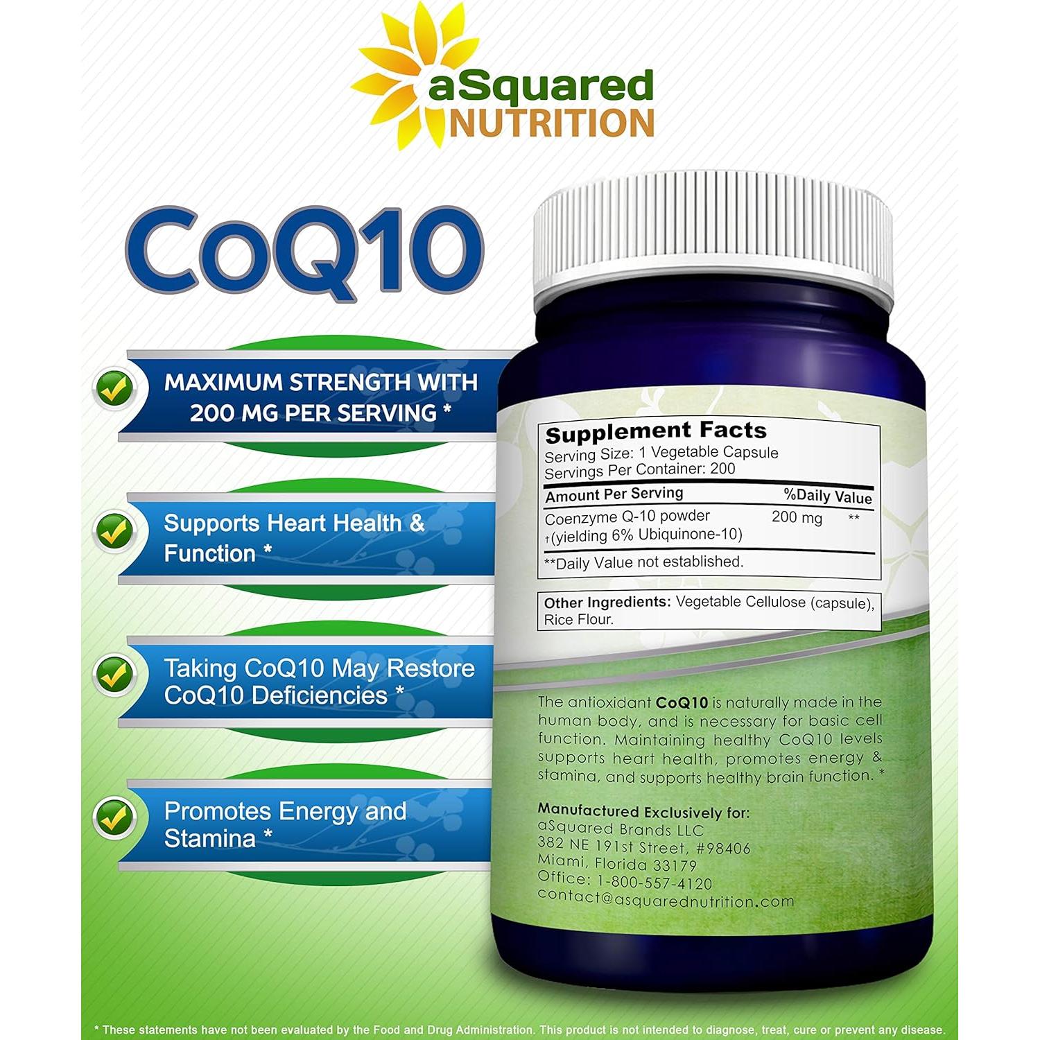 Suplemento CoQ10 aSquared Nutrition 200mg 200 Cápsulas Veganas