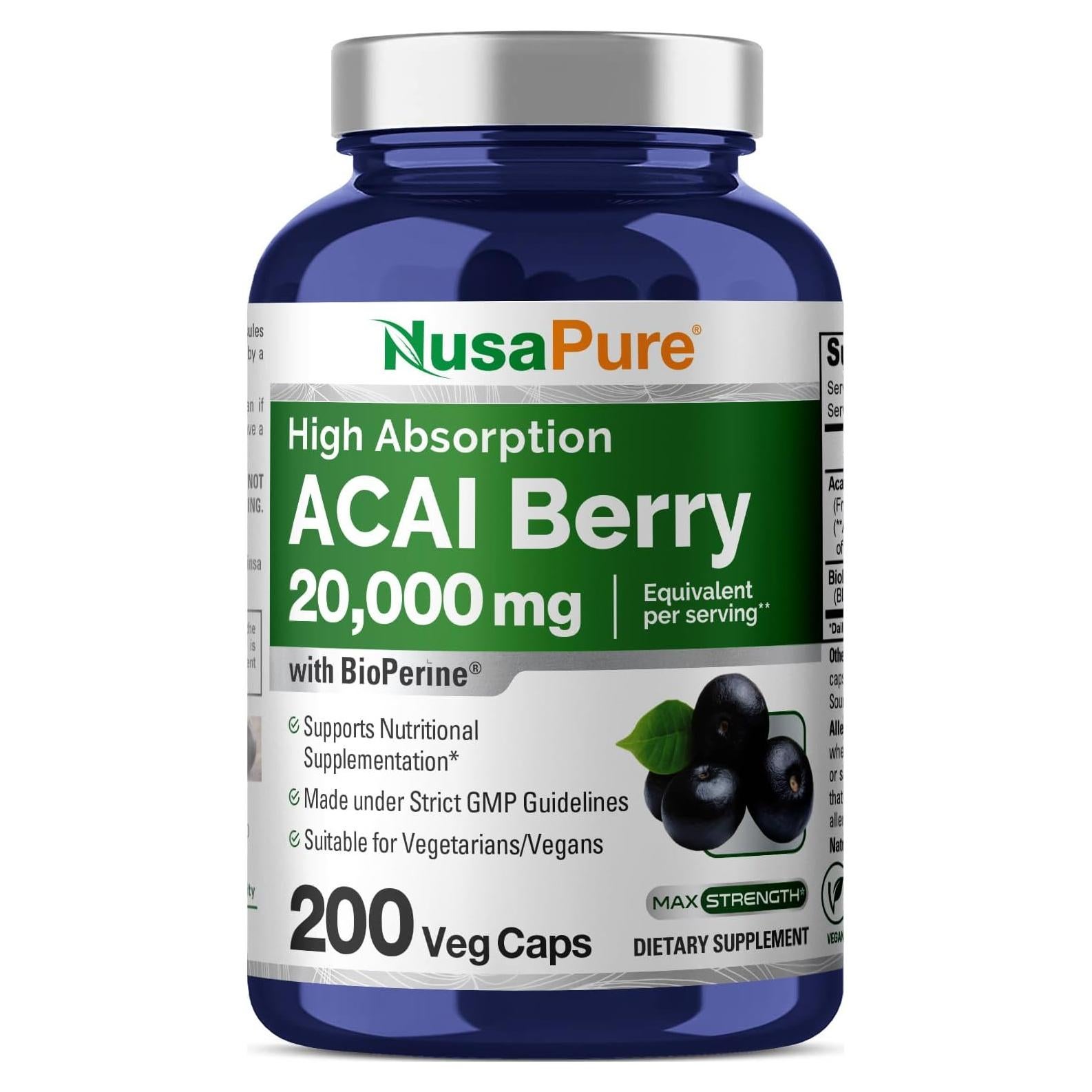 Cápsulas de Acai Berry NusaPure 20000mg - 200 Veganas