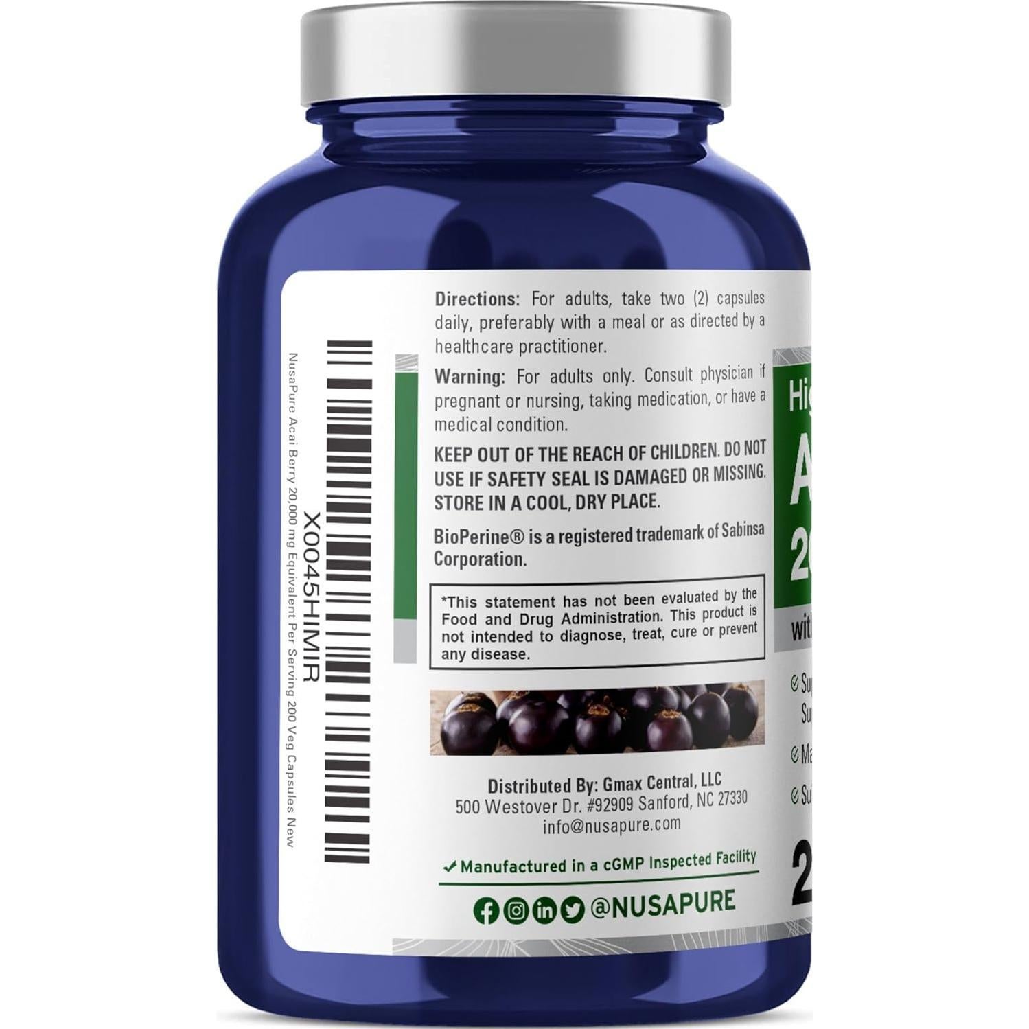 Cápsulas de Acai Berry NusaPure 20000mg - 200 Veganas