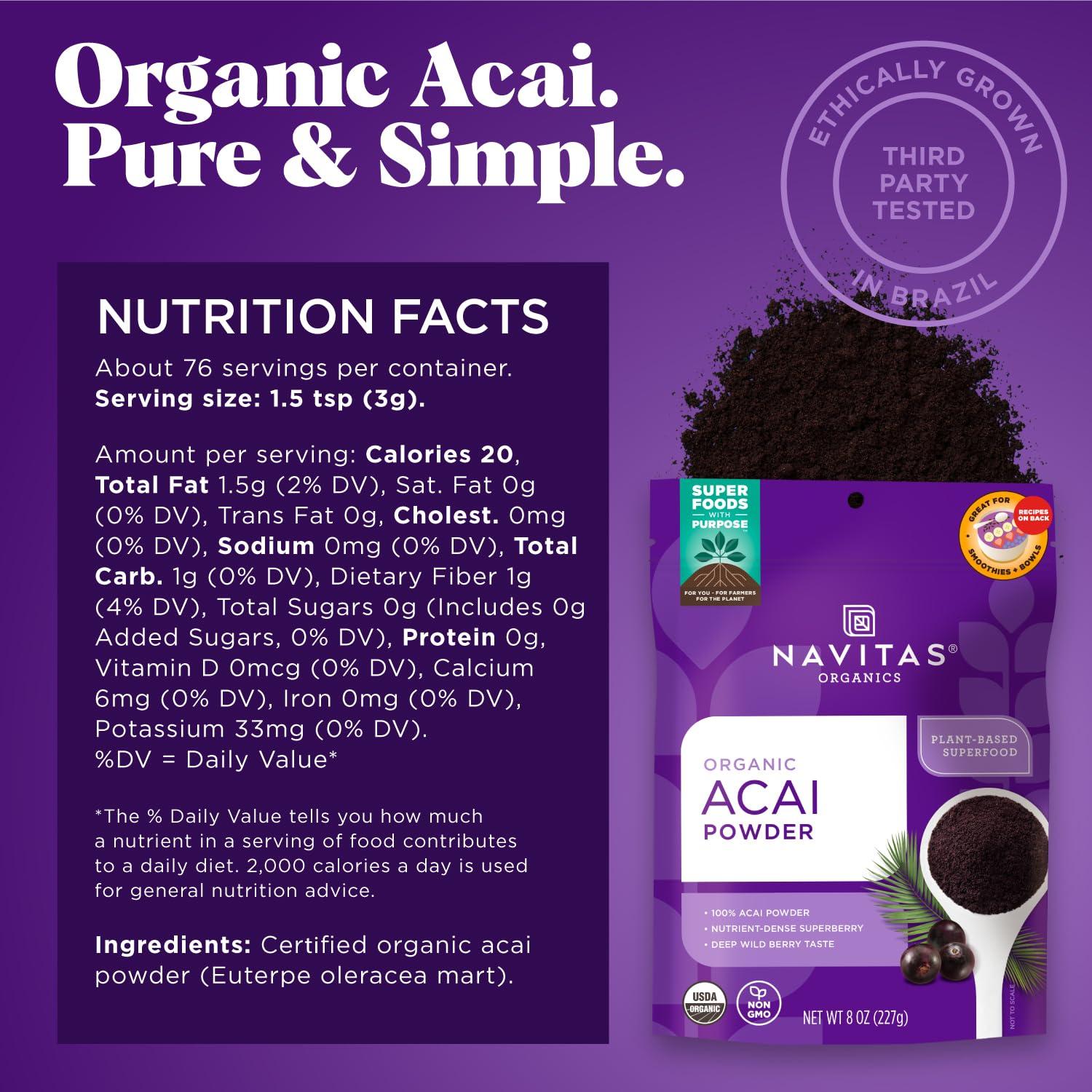 Polvo de Acai Orgánico Navitas 227g - Antioxidantes y Omega 3