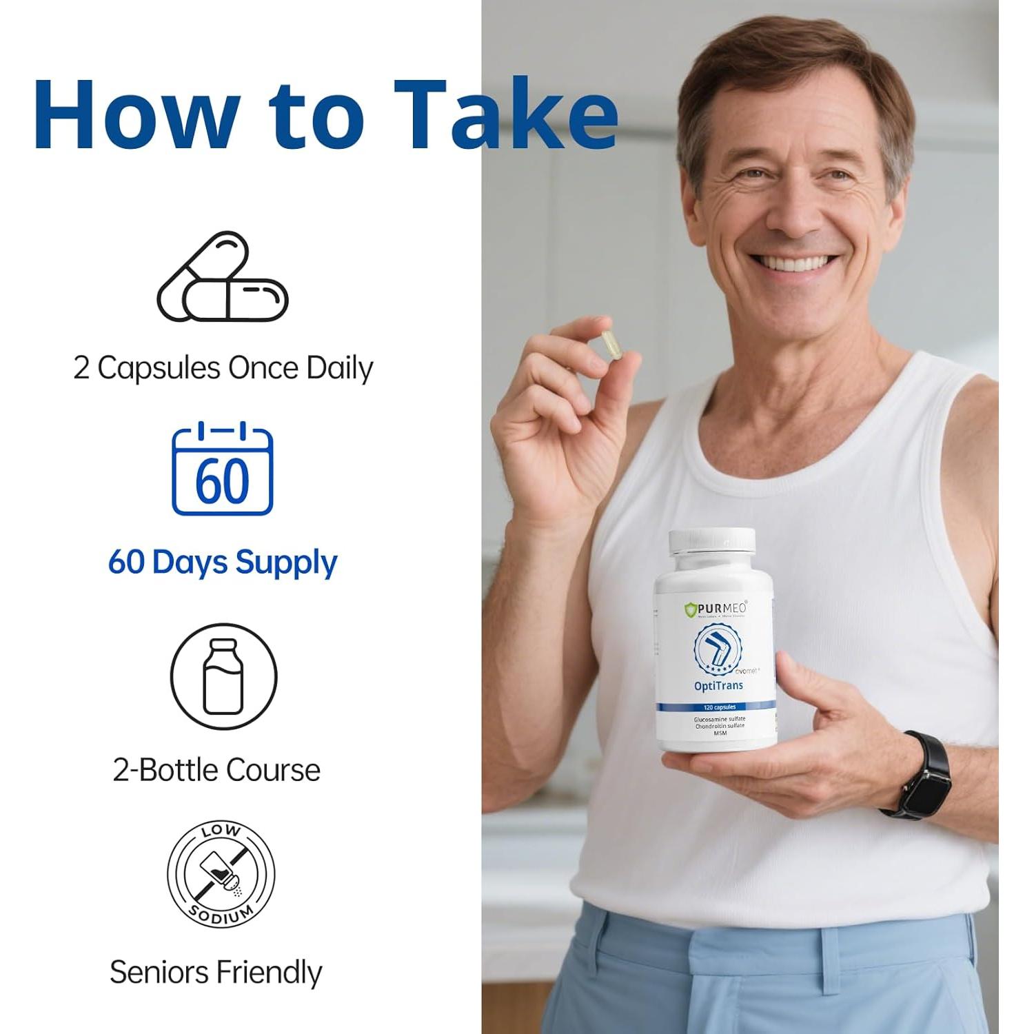 Suplemento Articular Purmeo OptiTrans 120 Cápsulas - Glucosamina, Condroitina, MSM, Boswellia - Hecho en Alemania