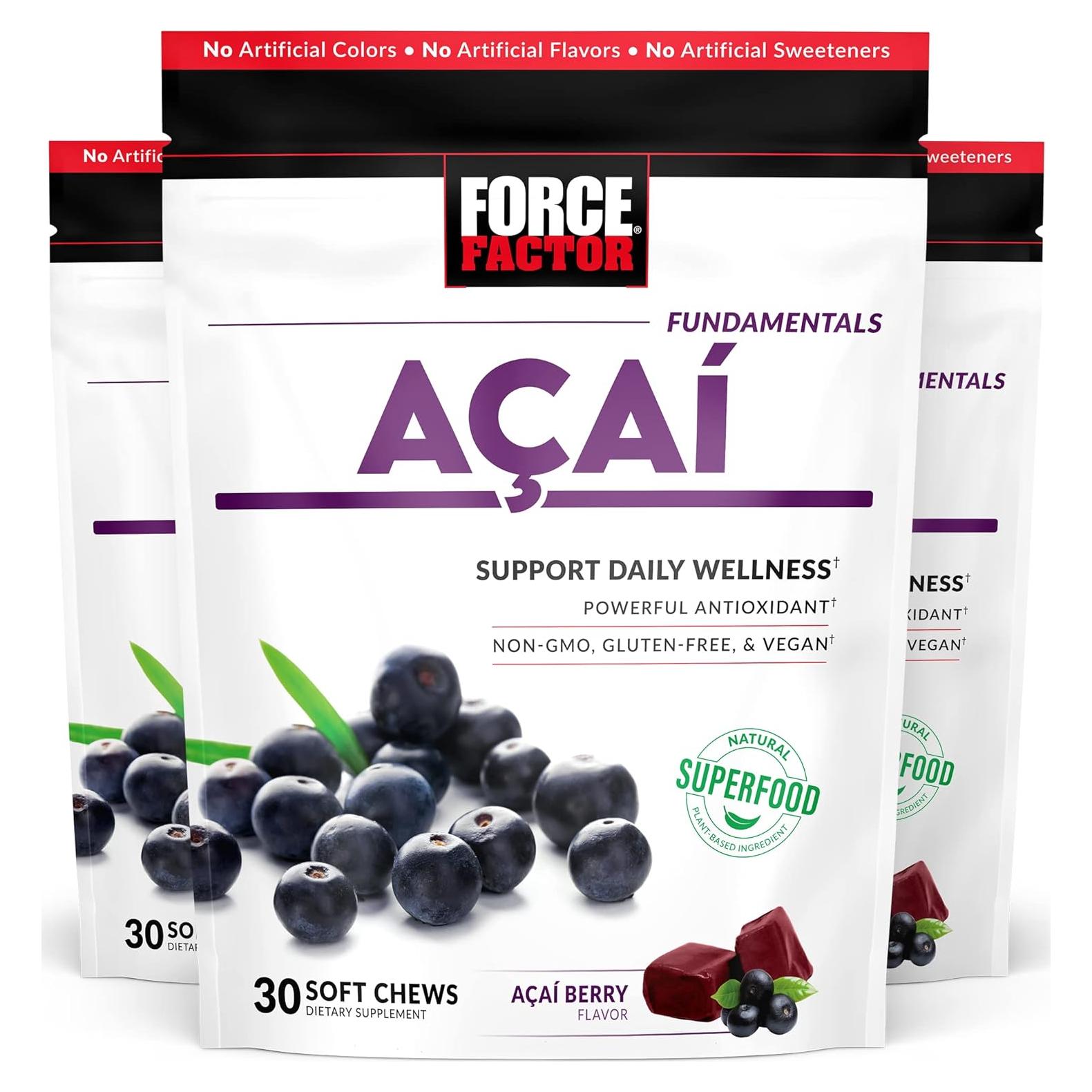 Chews Suaves de Açaí Force Factor - 30 Unidades, Vegano y Sin Gluten