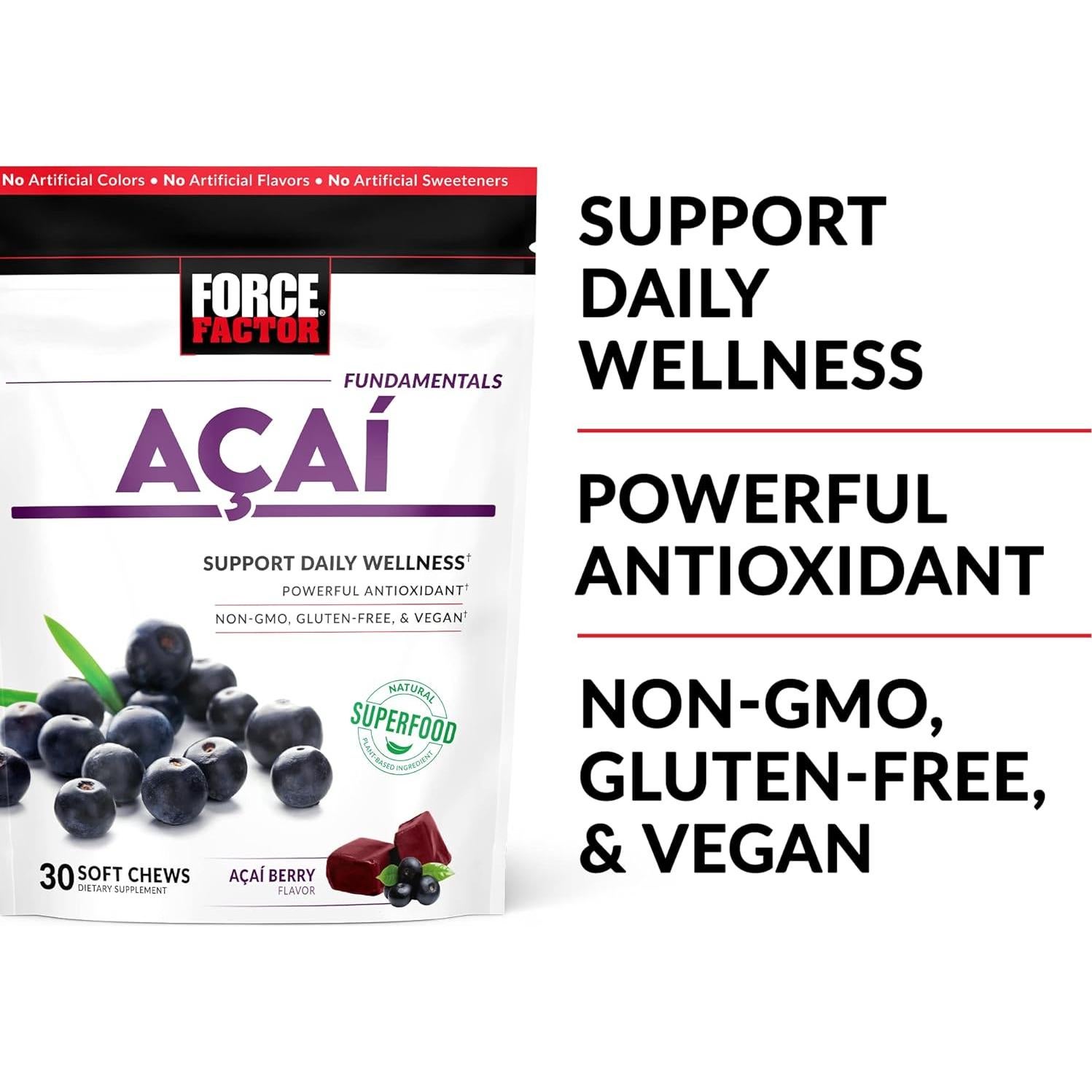Chews Suaves de Açaí Force Factor - 30 Unidades, Vegano y Sin Gluten