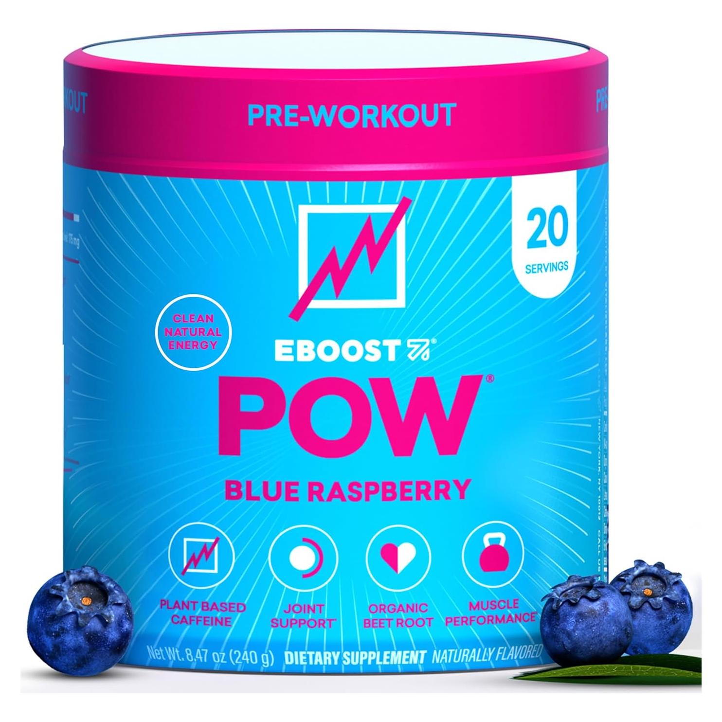 EBOOST POW Suplemento Pre Entrenamiento Frambuesa Azul 20 Porciones