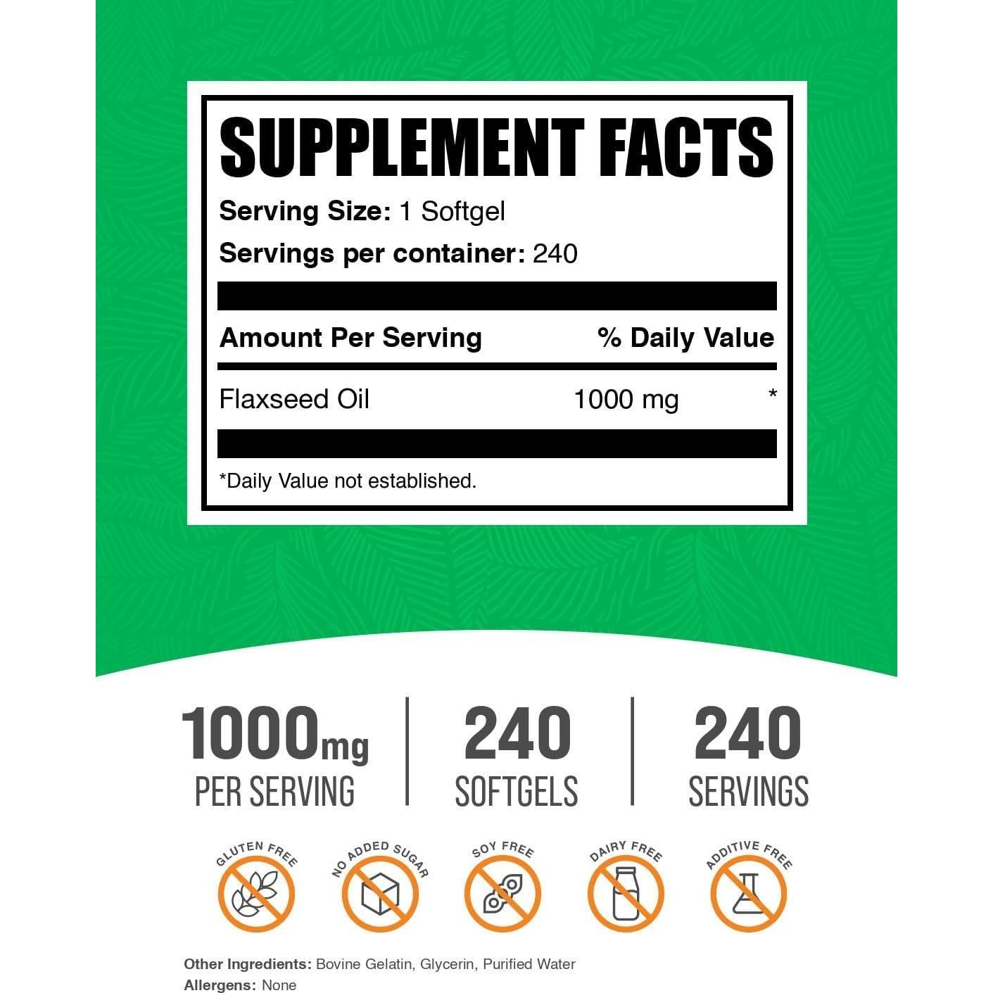Gelatinas de Aceite de Semilla de Lino BulkSupplements 1000mg 240 Cápsulas