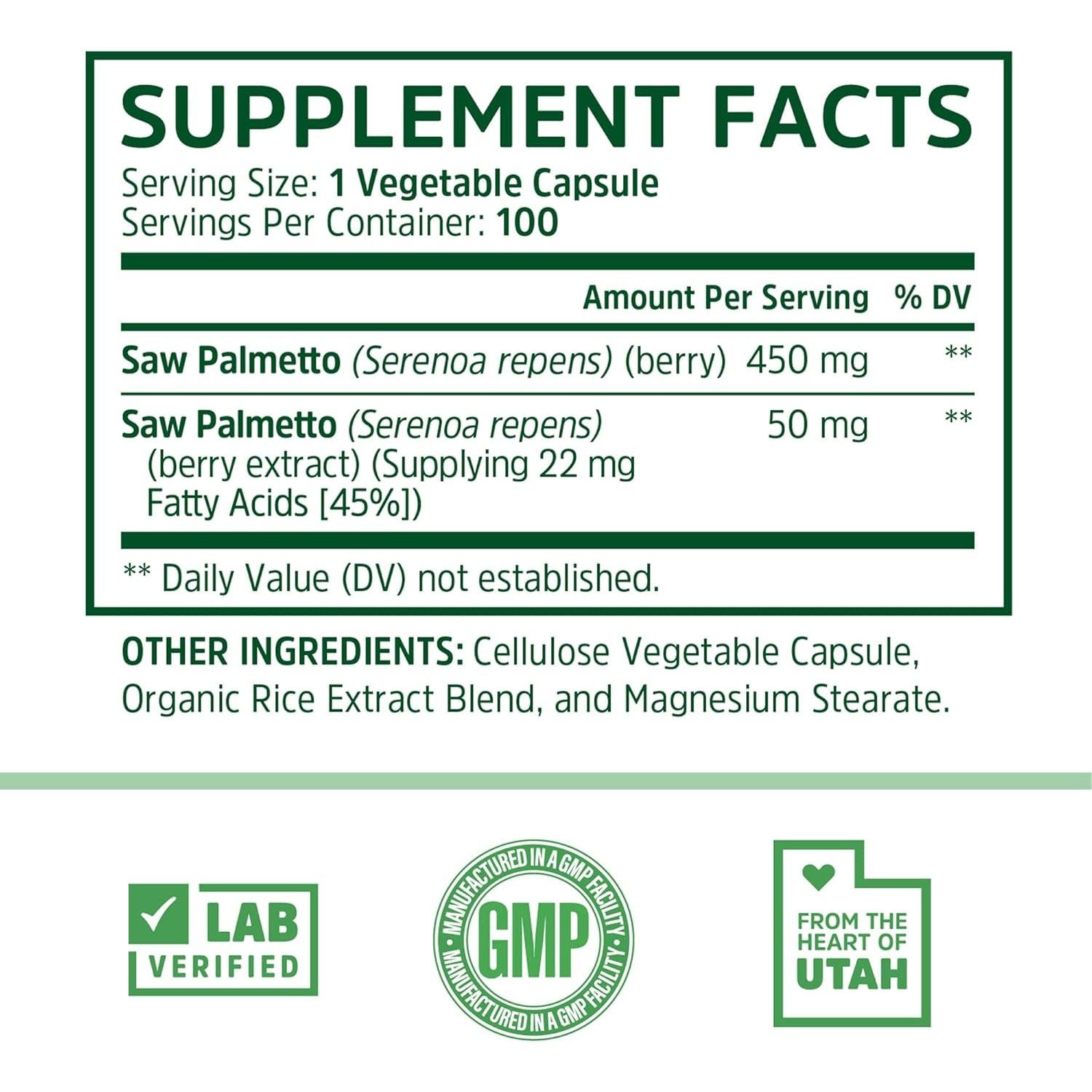 Suplemento de Saw Palmetto Zhou 450mg - 100 Cápsulas Vegetarianas