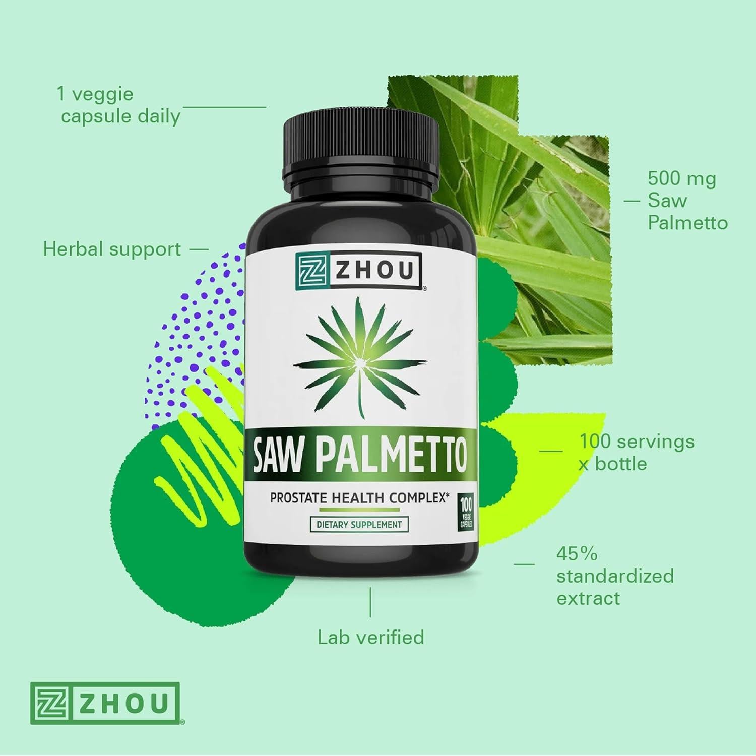 Suplemento de Saw Palmetto Zhou 450mg - 100 Cápsulas Vegetarianas