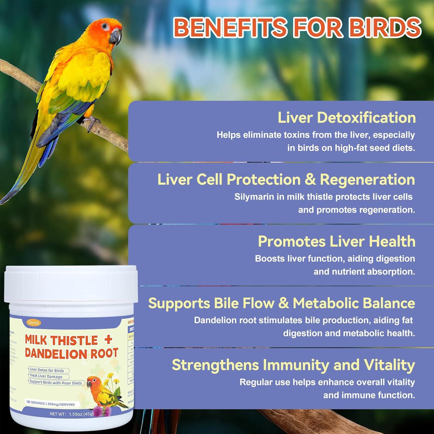 Suplemento Herbal Ourea para Aves - Cardo Mariano y Diente de León, 180 Porciones