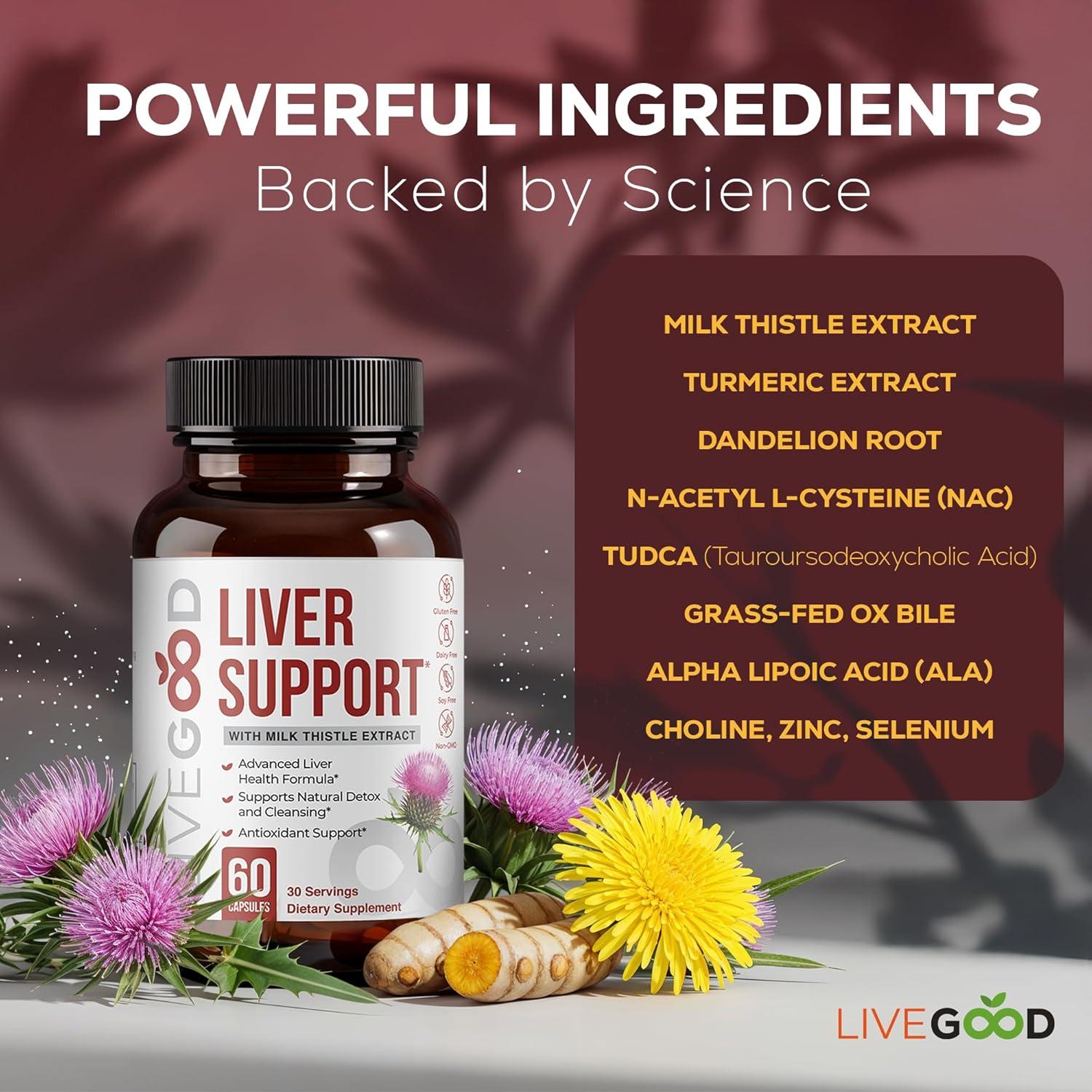LIVEGOOD Liver Support Supplement for Liver Cleanse Detox, Milk Thistle and Dandelion Root, with Turmeric and Alpha Lipoic Acid for Overall Health (60 Count)