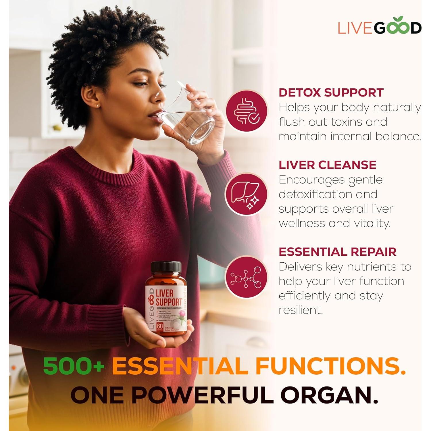 LIVEGOOD Liver Support Supplement for Liver Cleanse Detox, Milk Thistle and Dandelion Root, with Turmeric and Alpha Lipoic Acid for Overall Health (60 Count)