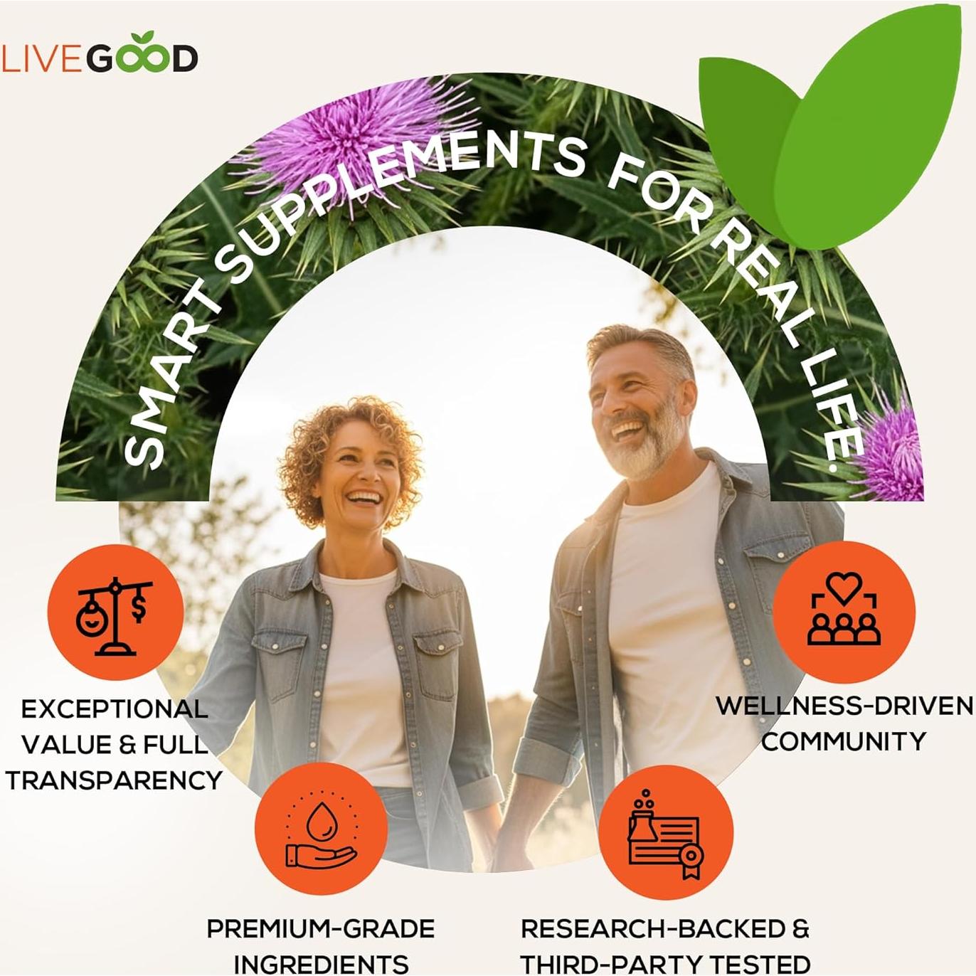 LIVEGOOD Liver Support Supplement for Liver Cleanse Detox, Milk Thistle and Dandelion Root, with Turmeric and Alpha Lipoic Acid for Overall Health (60 Count)