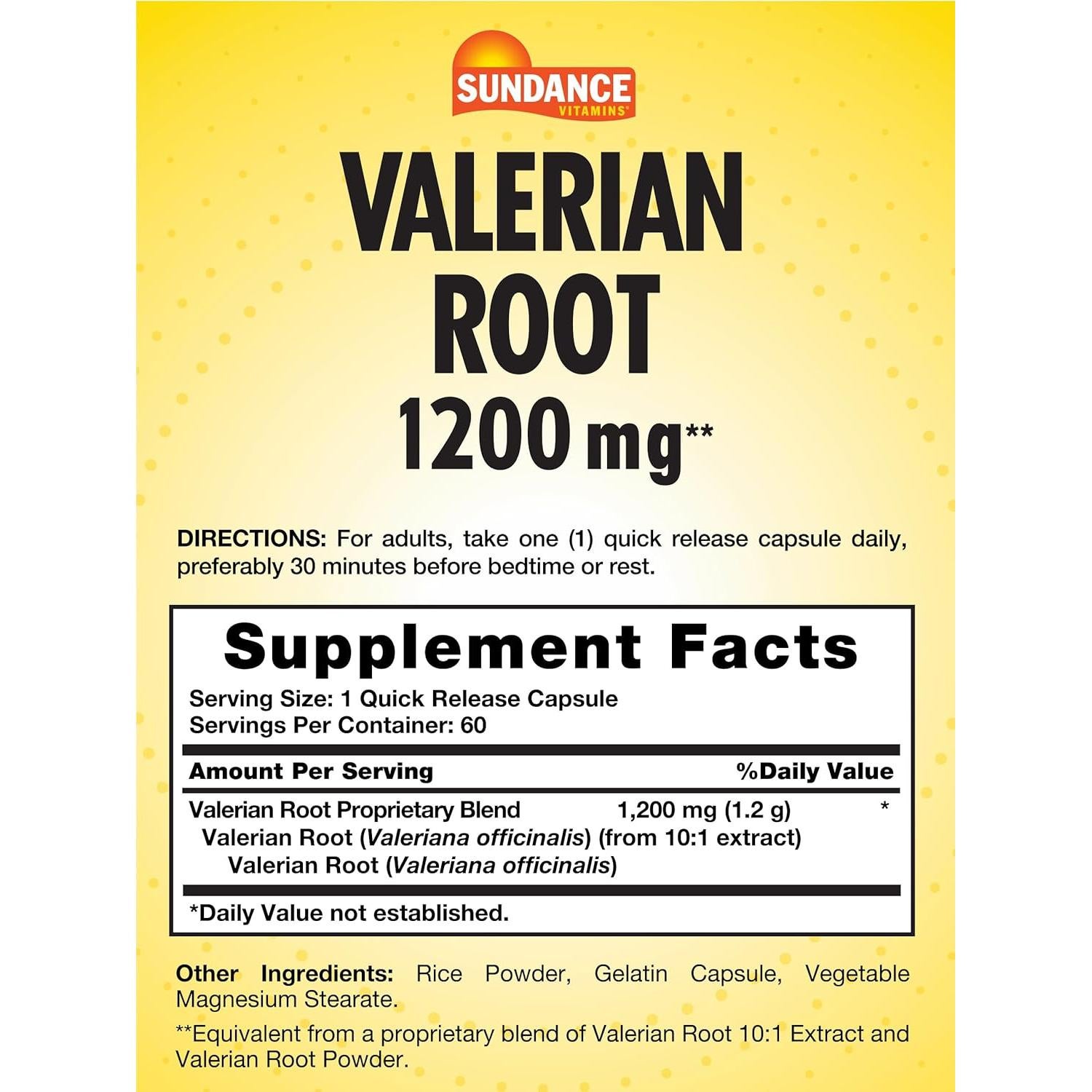 Suplemento Raíz de Valeriana Sundance 1200mg 60 Cápsulas