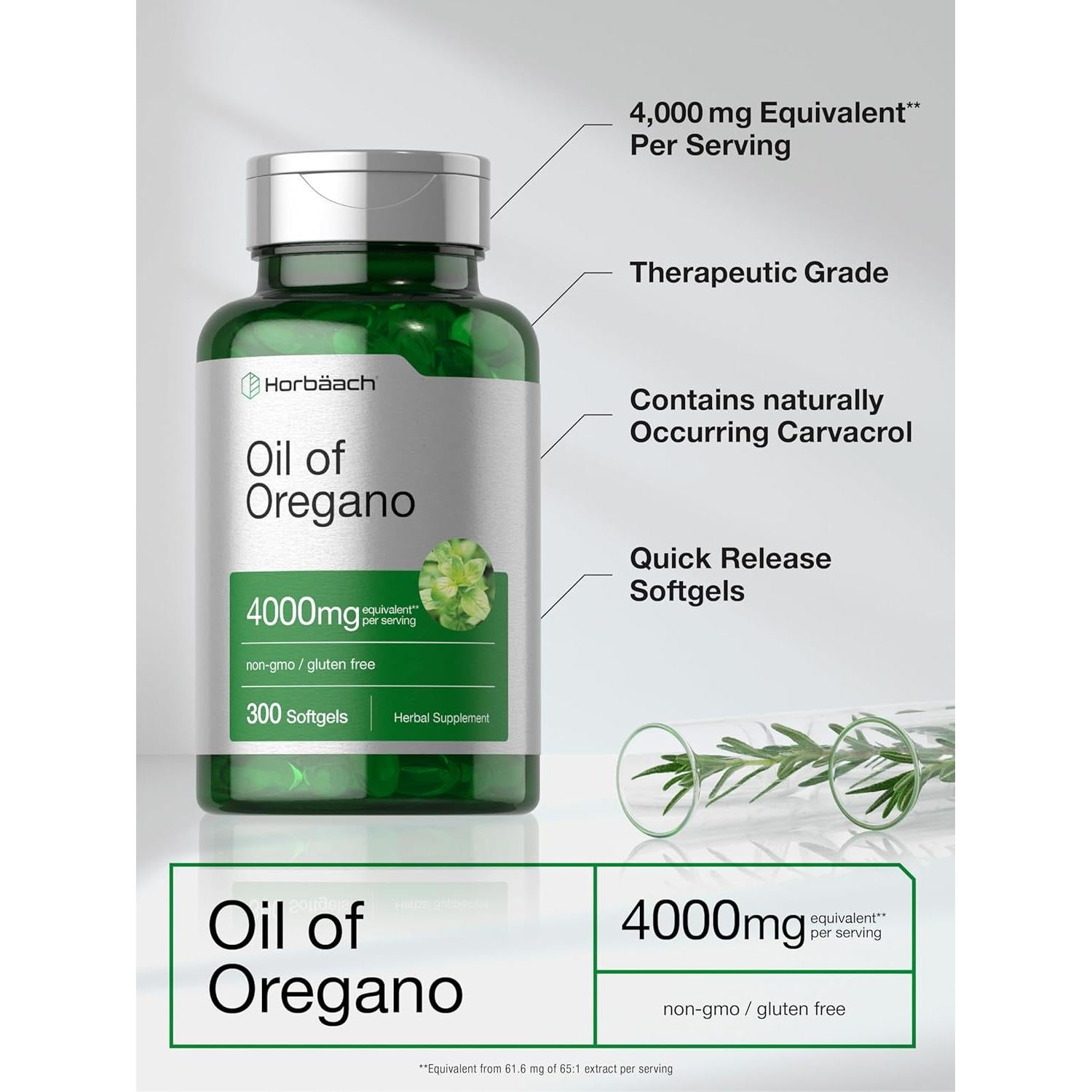 Aceite de Orégano Horbäach 4000mg | 300 Cápsulas Blandas | Suplemento Natural