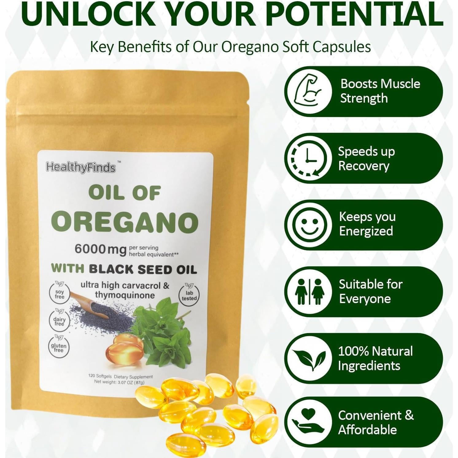 Suplemento Aceite de Orégano Orgánico HealthyFinds 6000mg 120 Softgels