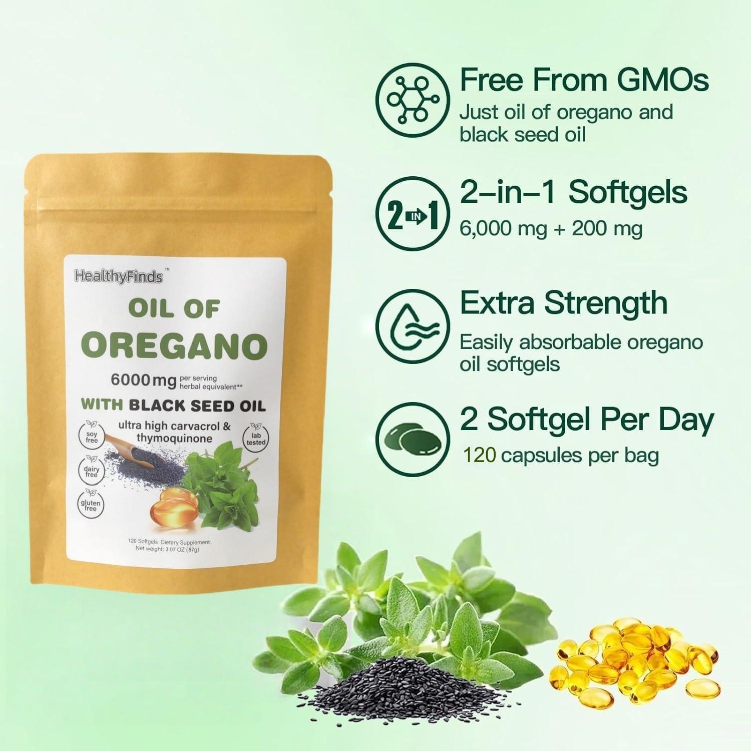 Suplemento Aceite de Orégano Orgánico HealthyFinds 6000mg 120 Softgels