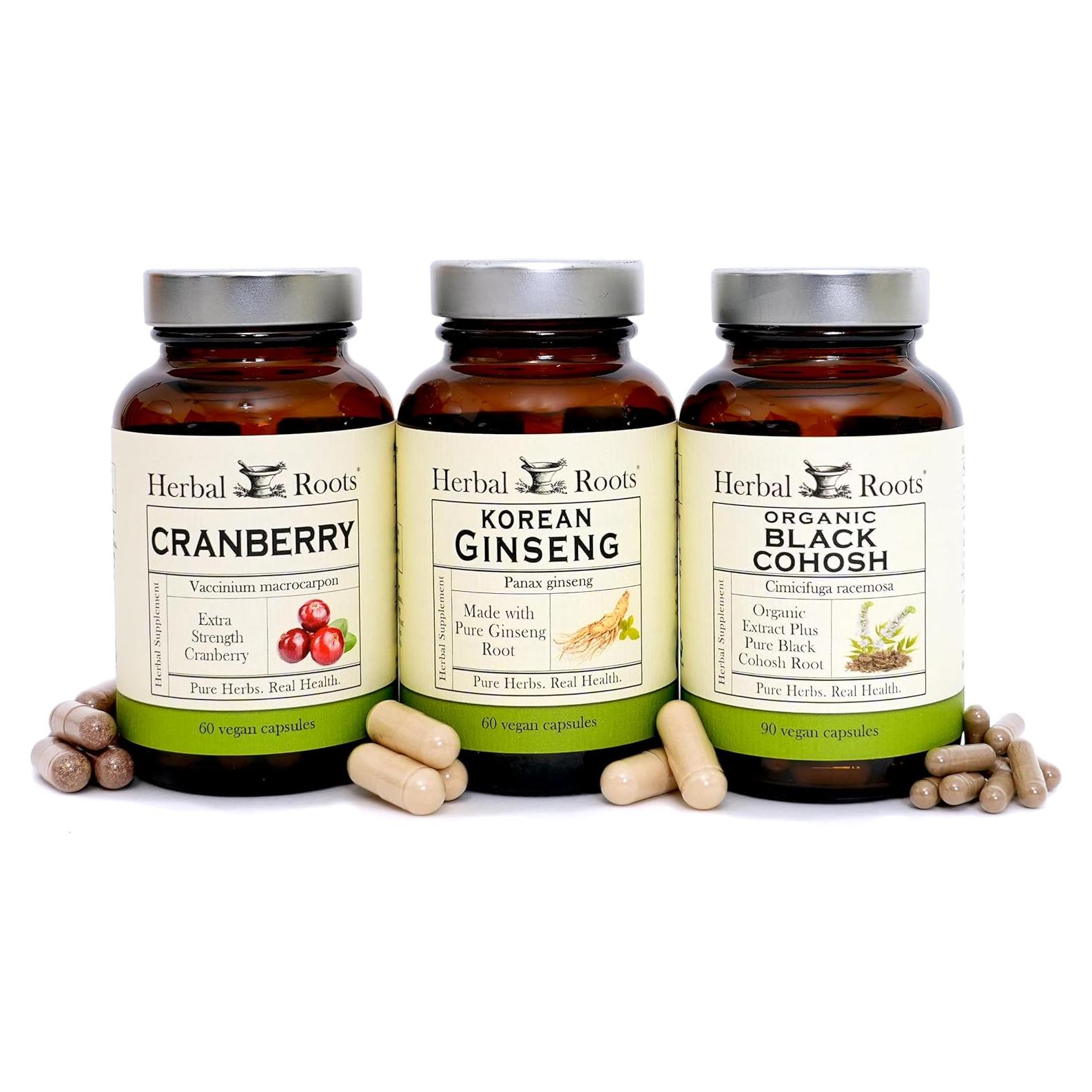 Trío de Suplementos Herbales para Mujeres Herbal Roots - Arándano, Ginseng Coreano, Cohosh Negro