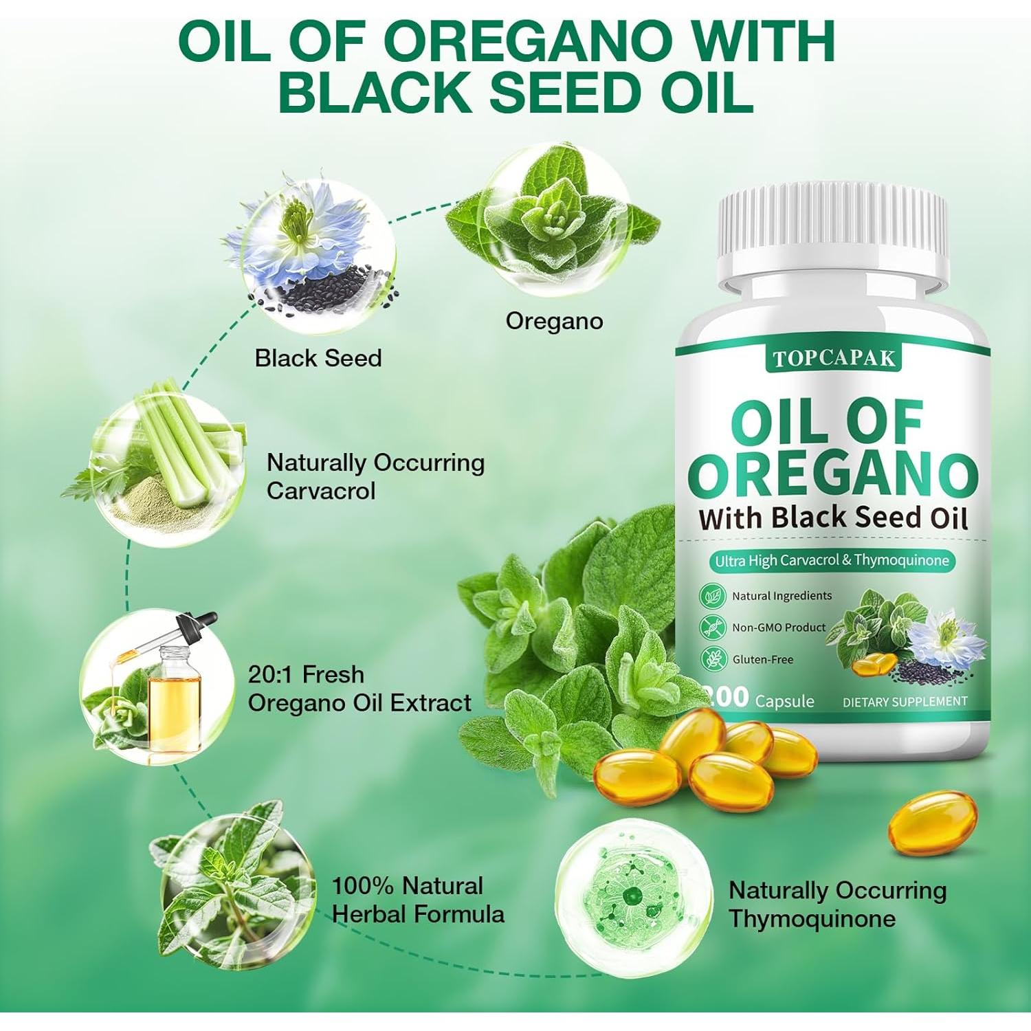 Aceite de Orégano y Semilla Negra TOPCAPAK 200 Gelatinas Blandas
