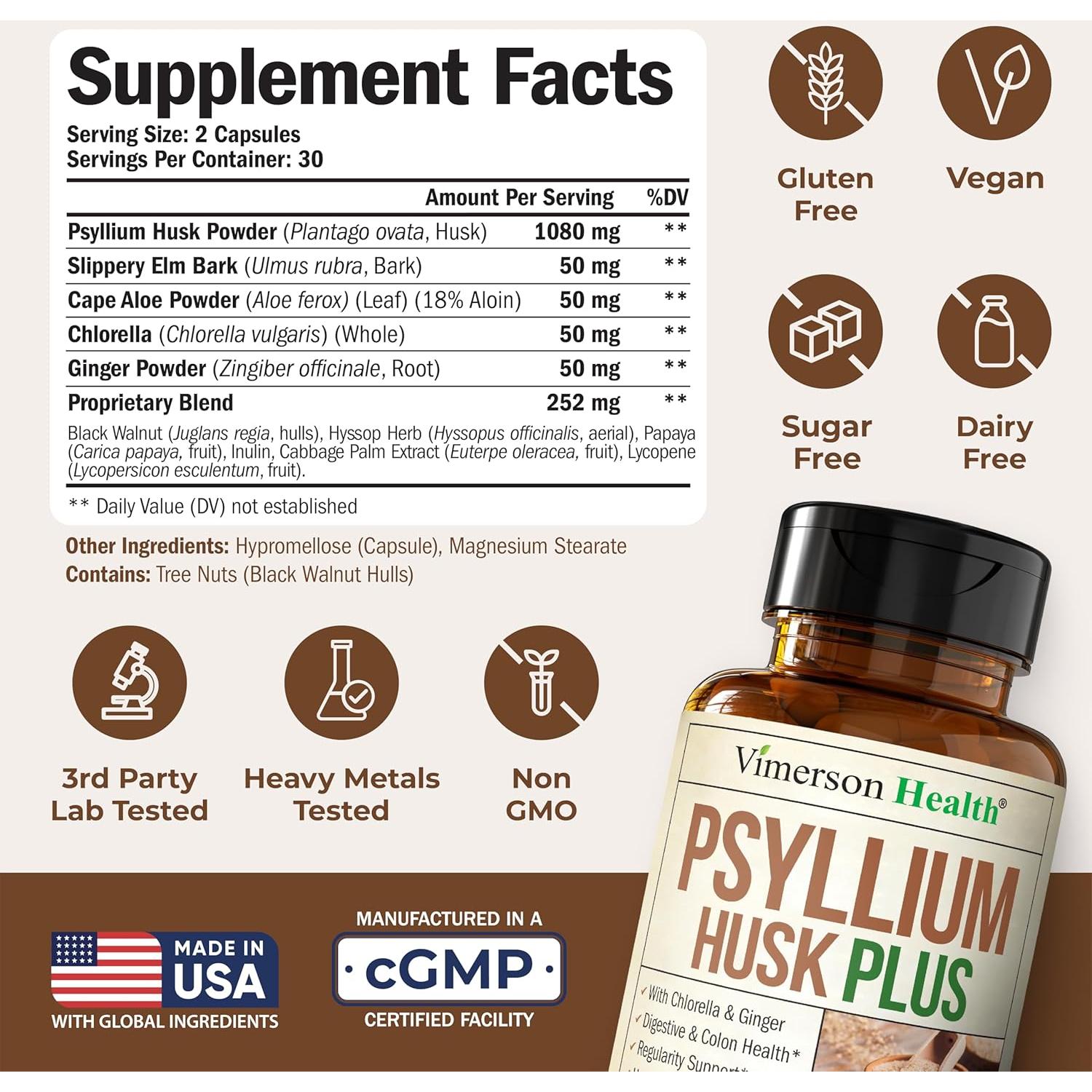 Suplemento de fibra Vimerson Health 60 cápsulas psyllium y jengibre