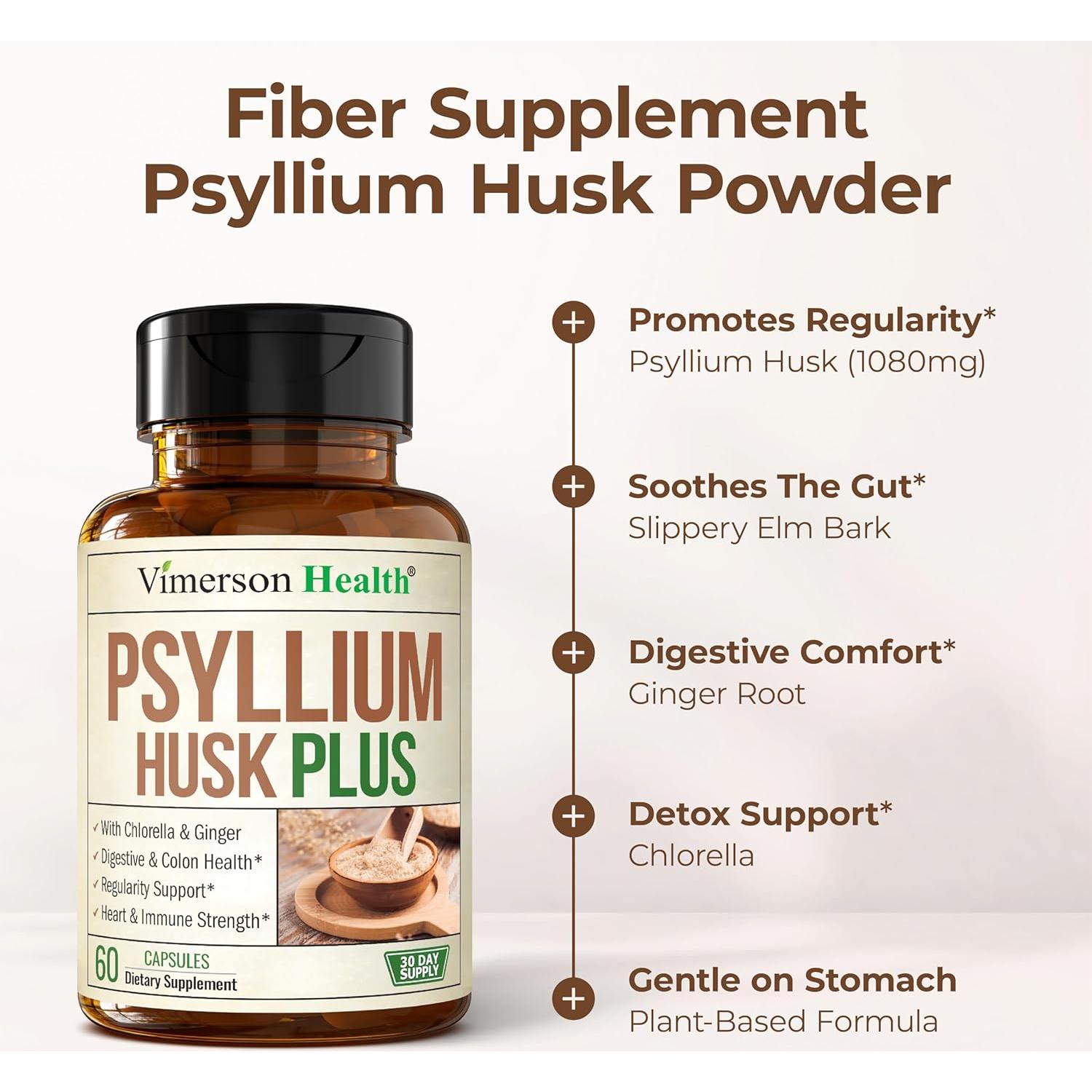 Suplemento de fibra Vimerson Health 60 cápsulas psyllium y jengibre