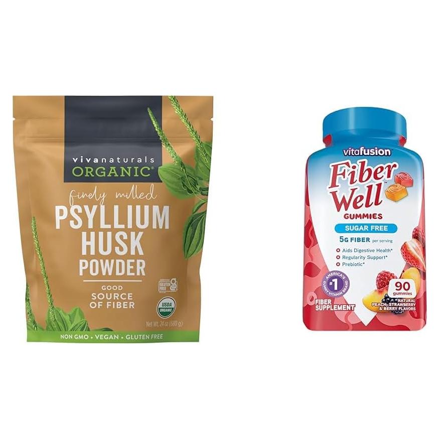Polvo de Cáscara de Psyllium Orgánico 680g Viva Naturals + Gomas de Fibra 90u Vitafusion