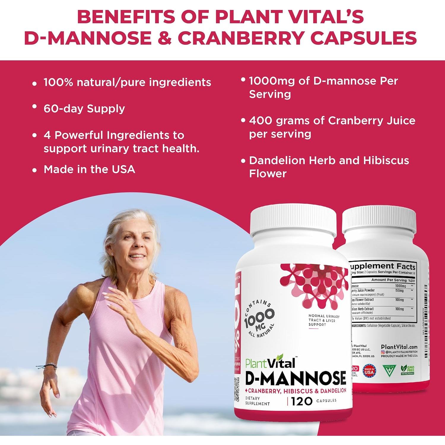 Cápsulas D-Mannosa 1000mg Plantvital con Arándano 120 Unidades