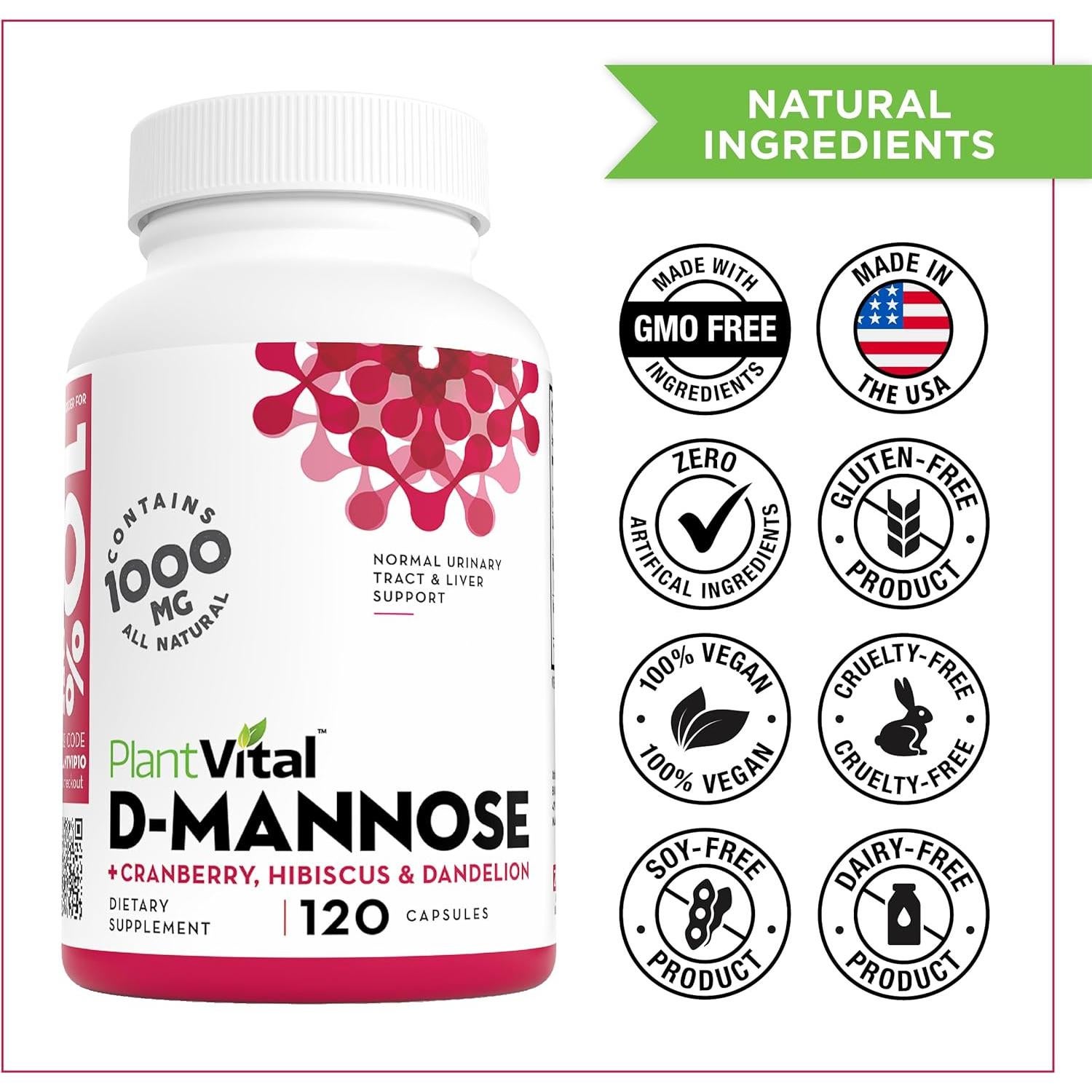 Cápsulas D-Mannosa 1000mg Plantvital con Arándano 120 Unidades
