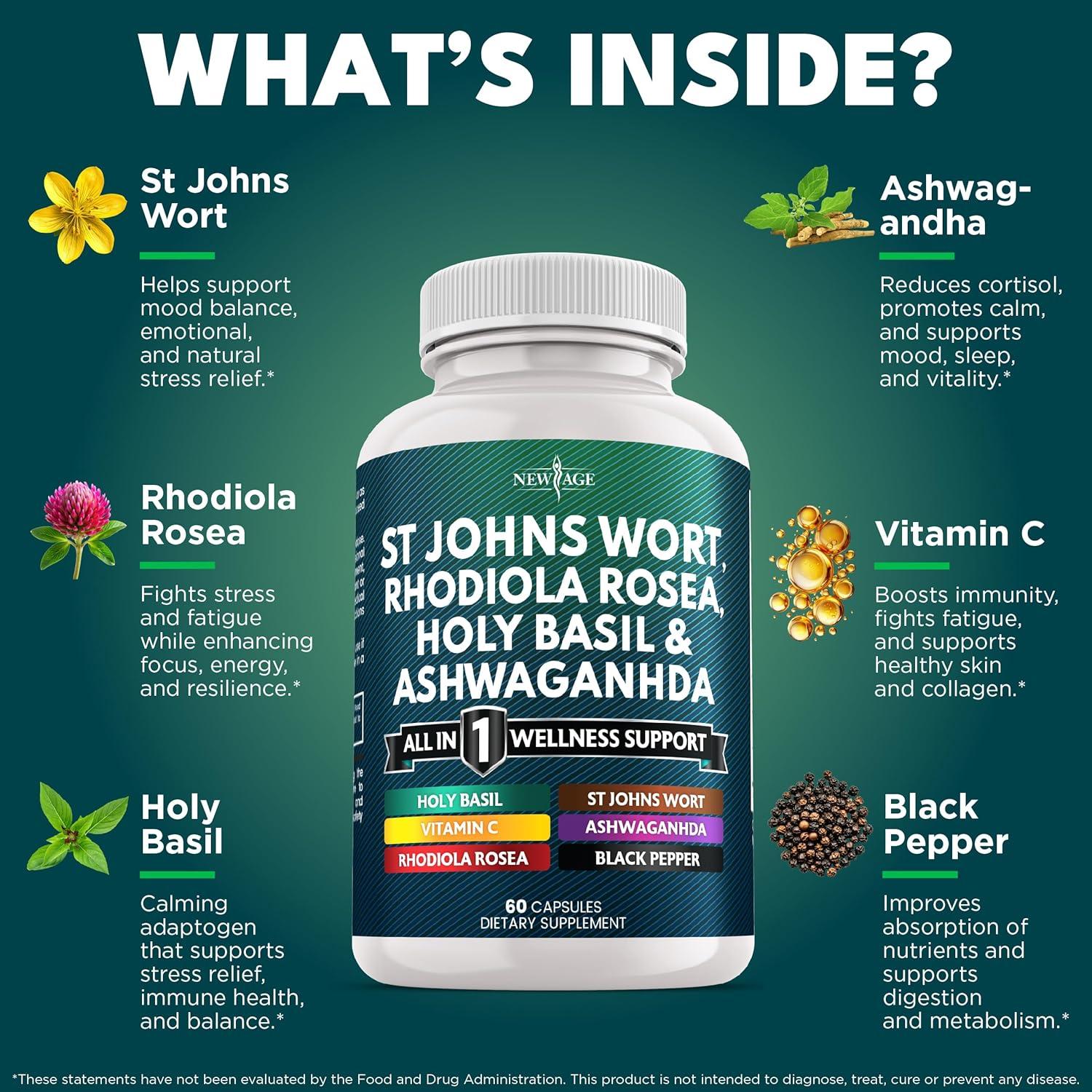 Suplemento Herbal Nueva Era 120 Cápsulas - Hierba de San Juan, Rhodiola, Ashwagandha