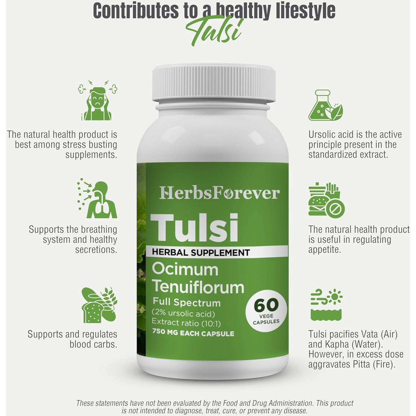 Cápsulas de Tulsi Albahaca Sagrada HerbsForever 60 Unidades 800 mg