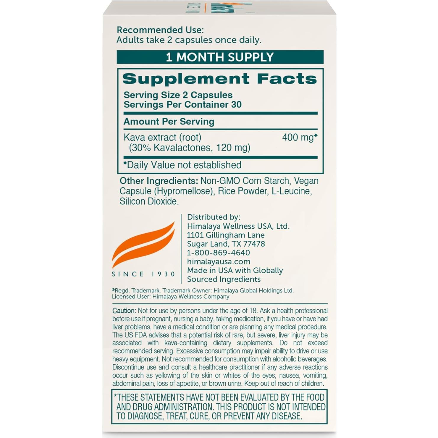 Himalaya Kava 400 mg, Suplemento Herbal Vegano, 60 Cápsulas