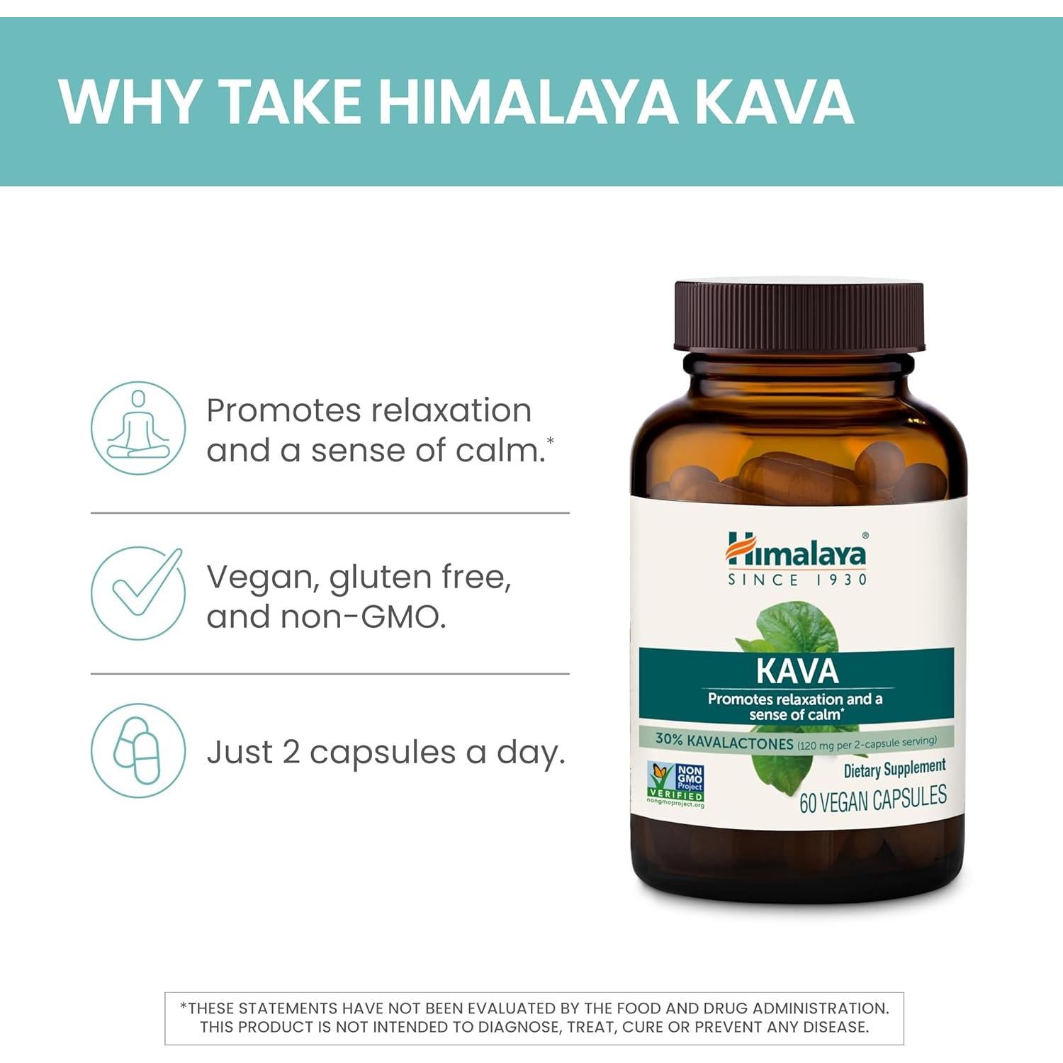 Himalaya Kava 400 mg, Suplemento Herbal Vegano, 60 Cápsulas