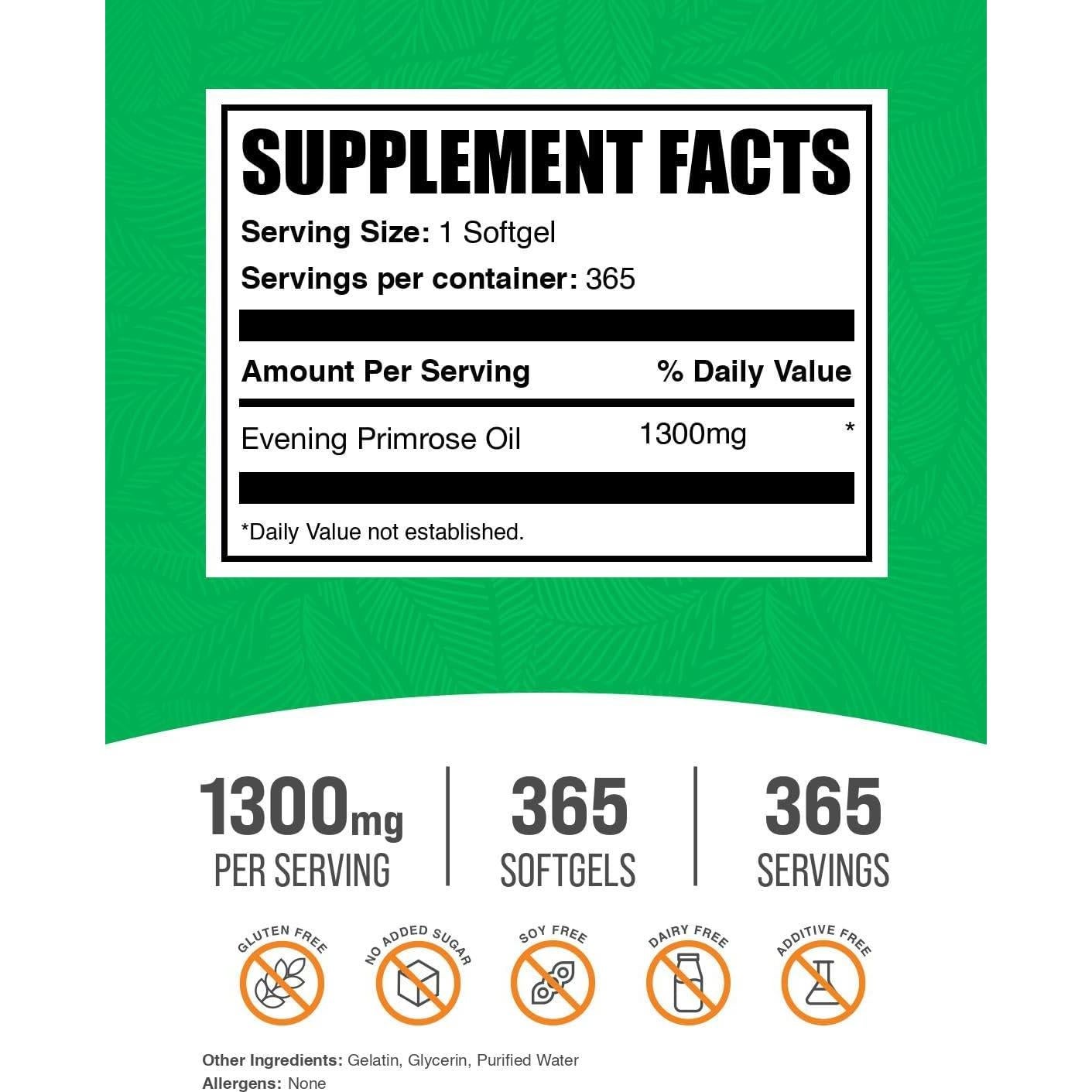 Aceite de Onagra 1300mg Softgels BulkSupplements 365 Unidades