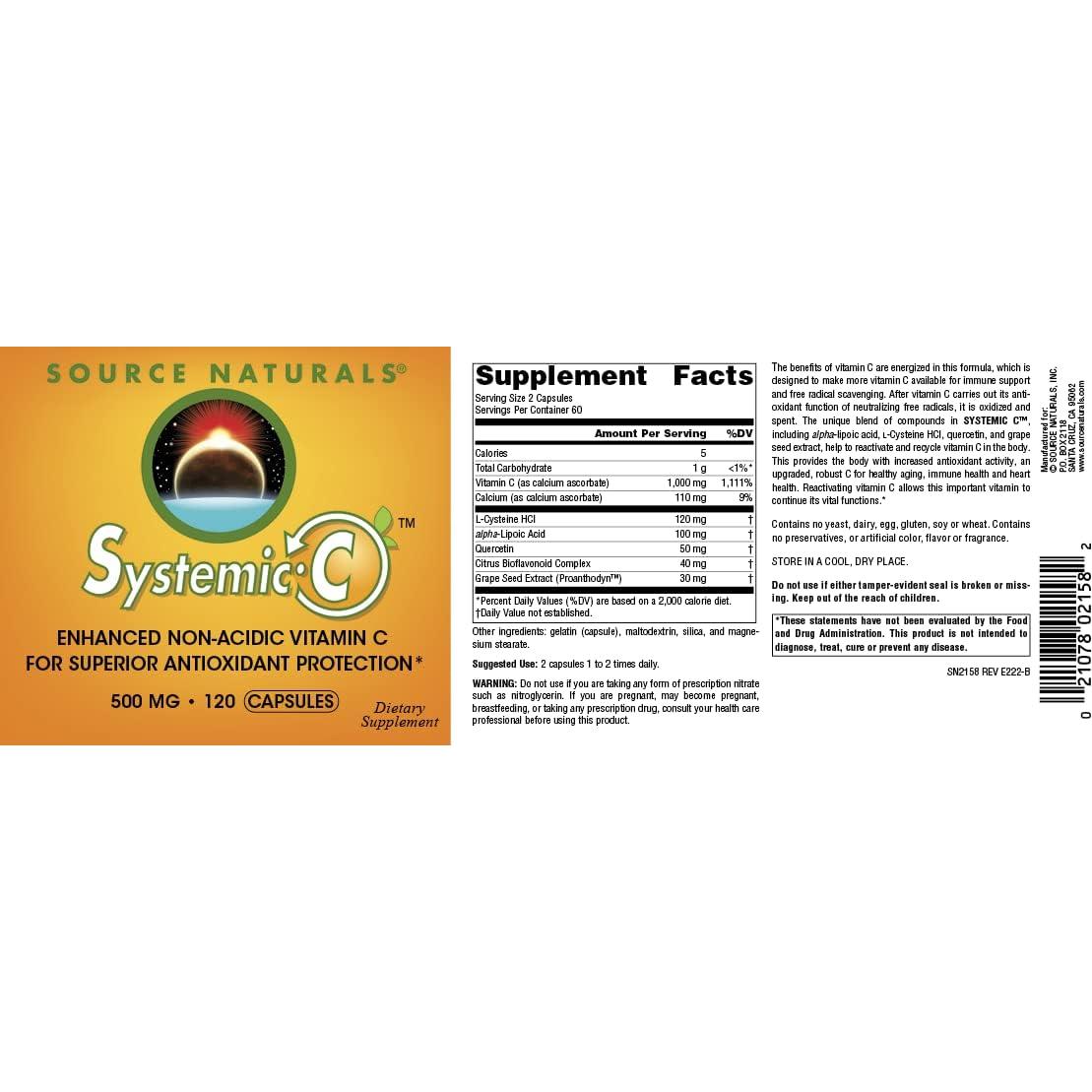 C Sistémico Source Naturals 500mg - 120 Cápsulas Antioxidantes