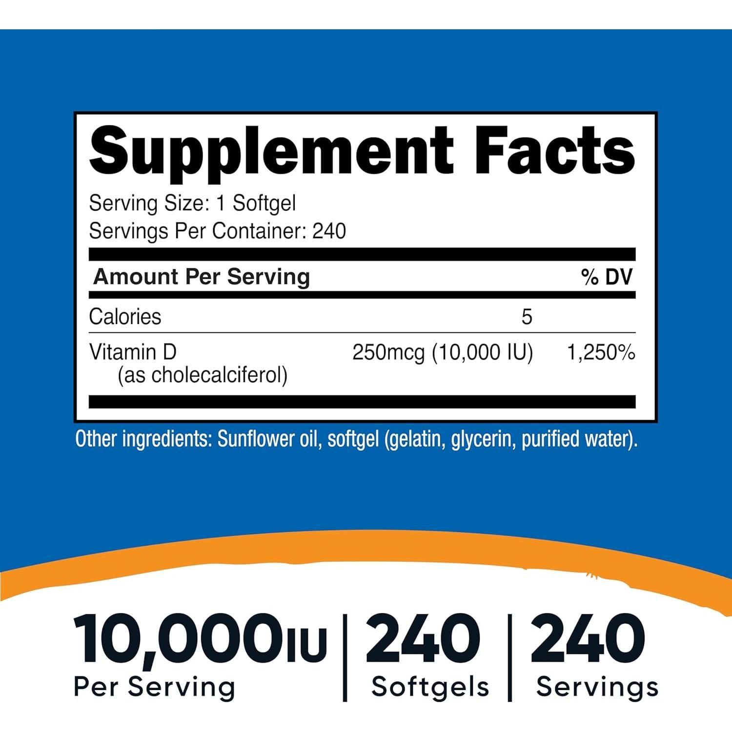 Vitamina D3 10,000 UI Nutricost - 240 Cápsulas Blandas
