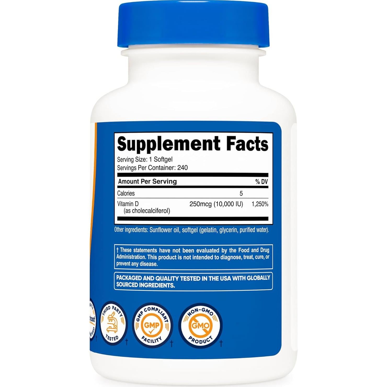 Vitamina D3 10,000 UI Nutricost - 240 Cápsulas Blandas