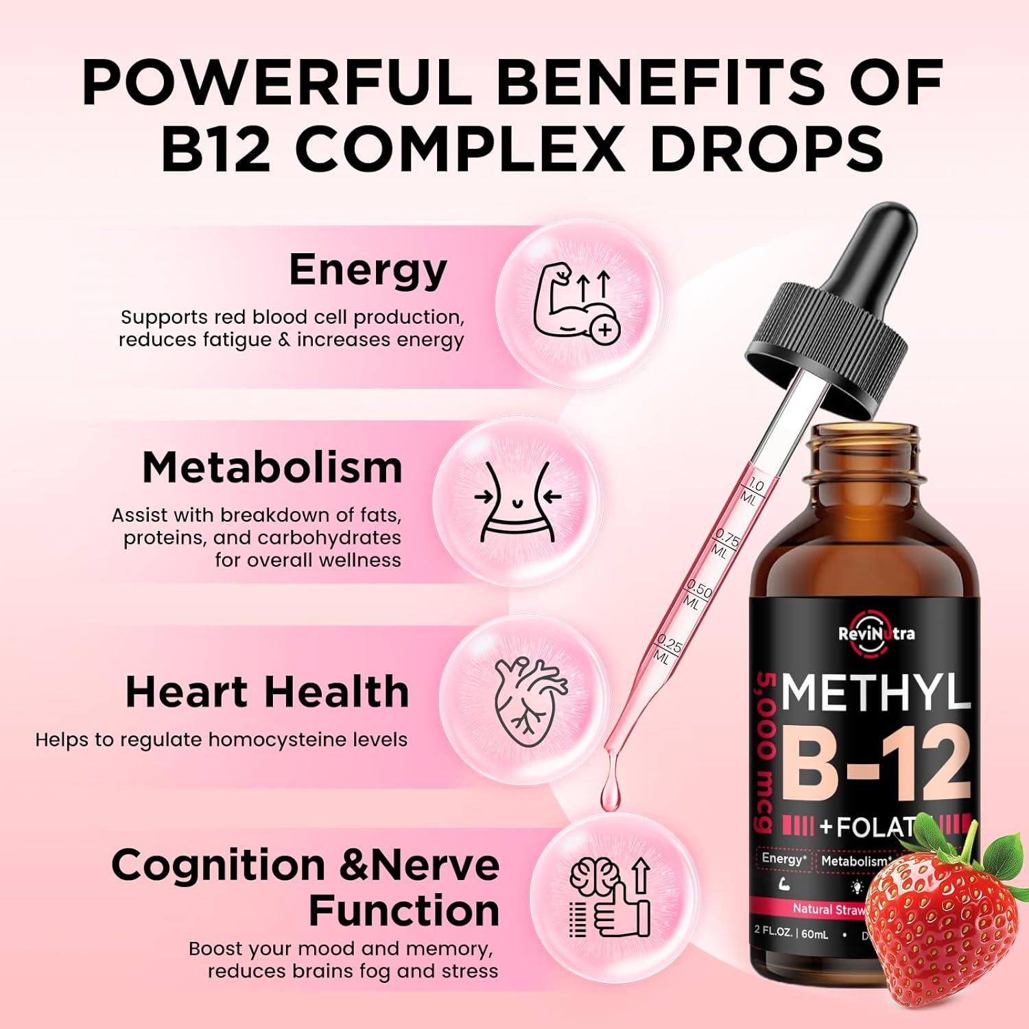 Gotas Líquidas de Vitamina B12 ReviNutra 5000 mcg Sabor Fresa