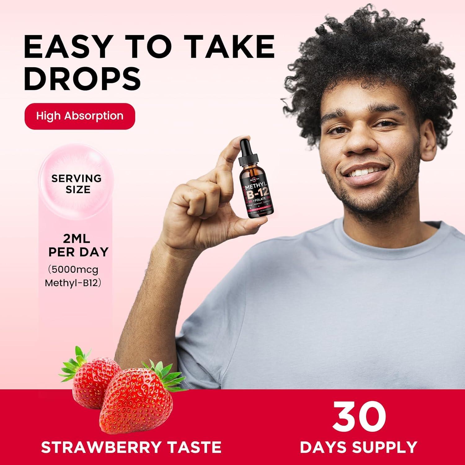 Gotas Líquidas de Vitamina B12 ReviNutra 5000 mcg Sabor Fresa