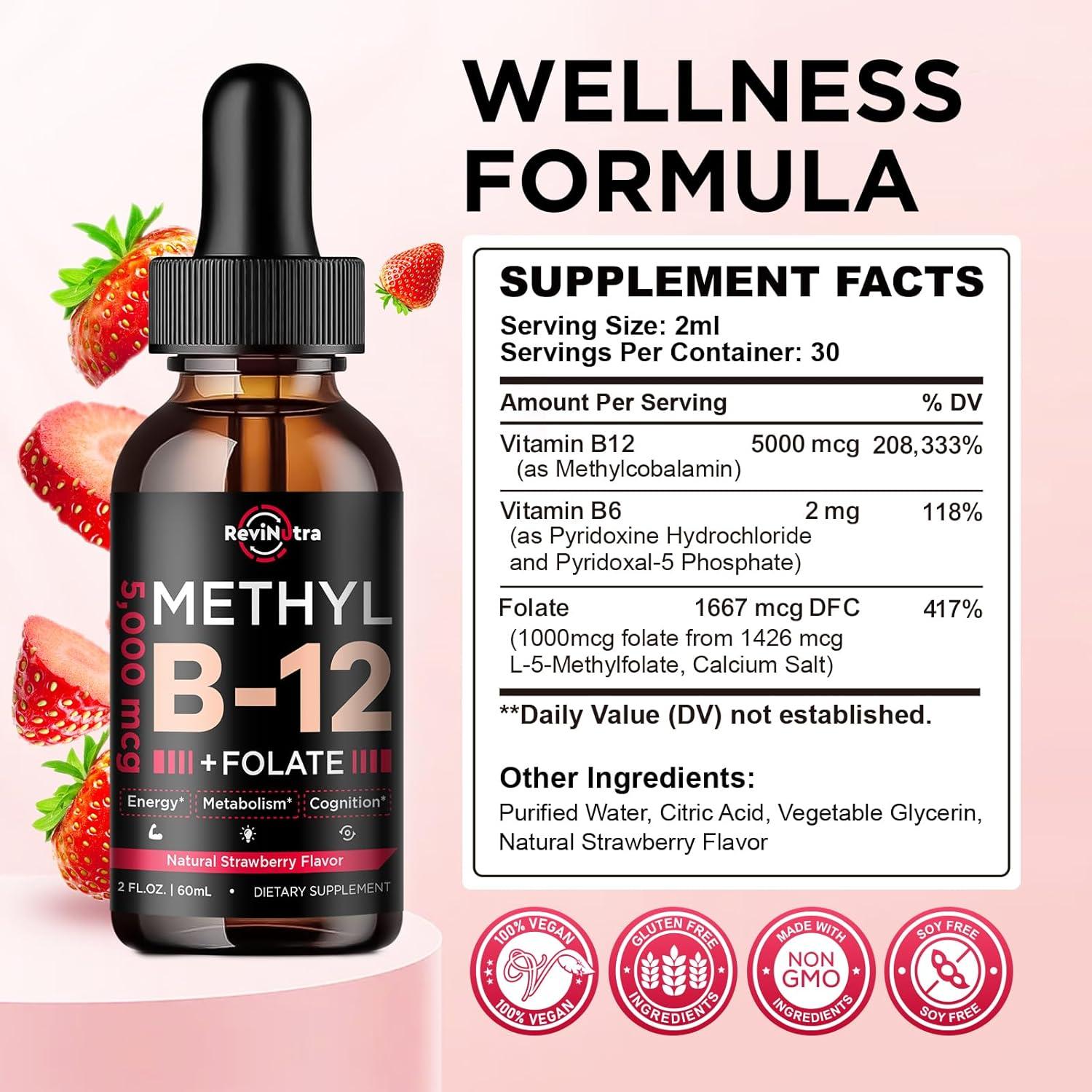 Gotas Líquidas de Vitamina B12 ReviNutra 5000 mcg Sabor Fresa