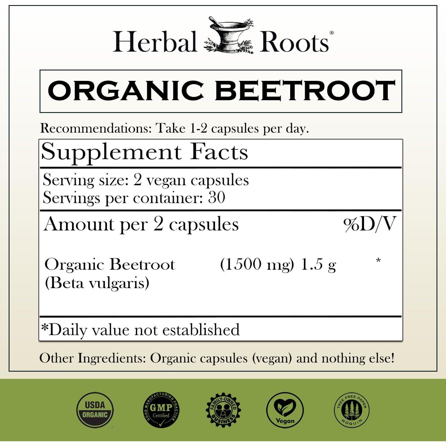 Cápsulas de Remolacha Orgánica Herbal Roots - 1500mg - 60 Veganas